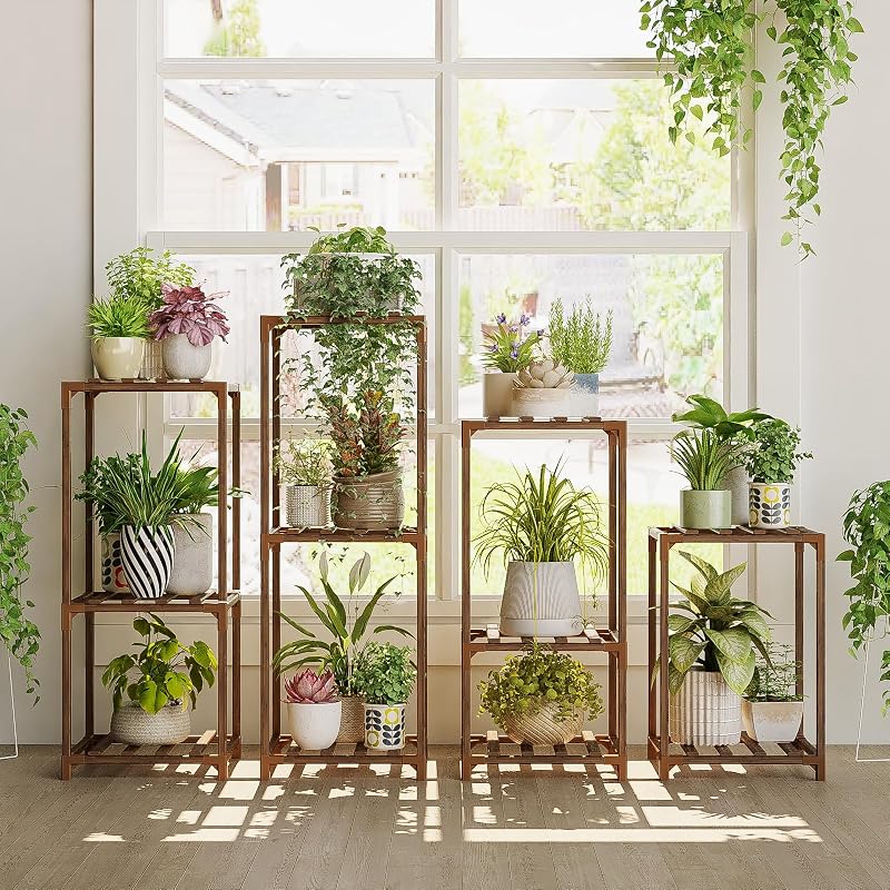 Bamworld Plant Stands Indoor 4 Sets Plant Shelves Outdoor | Wooden Plant Holder for Multiple Plants Flower Stands for Living Room Balcony Garden Patio Lawn Window