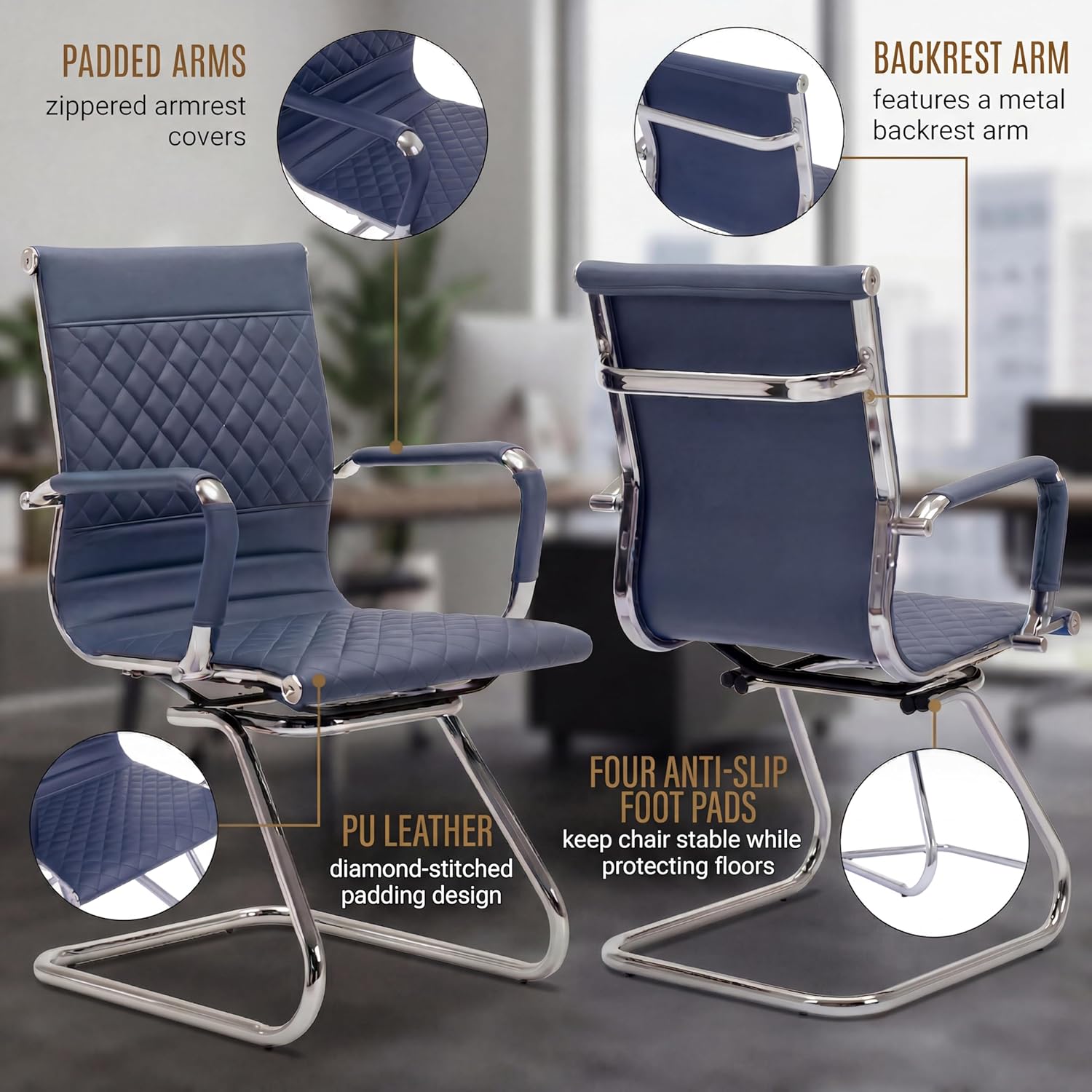 VESCASA Office Guest Chair No Wheels Set of 6 - Waiting Room Reception Chairs with Arms - PU Leather Conference Room Chairs with Sled Base, Stationary Desk Chair Without Wheels for Home Office, Lobby