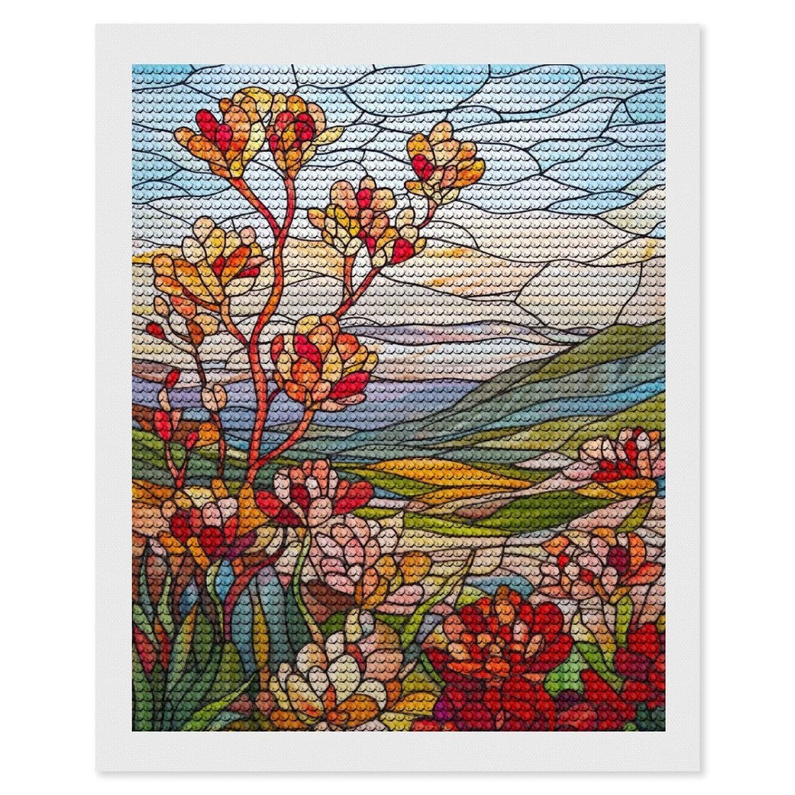 Junmoney Stained Glass Landscape Diamond Art Canvas 16"x20", for Creative Relaxation, Simple to Start, Aesthetic Room Decor, Holiday Gift Idea