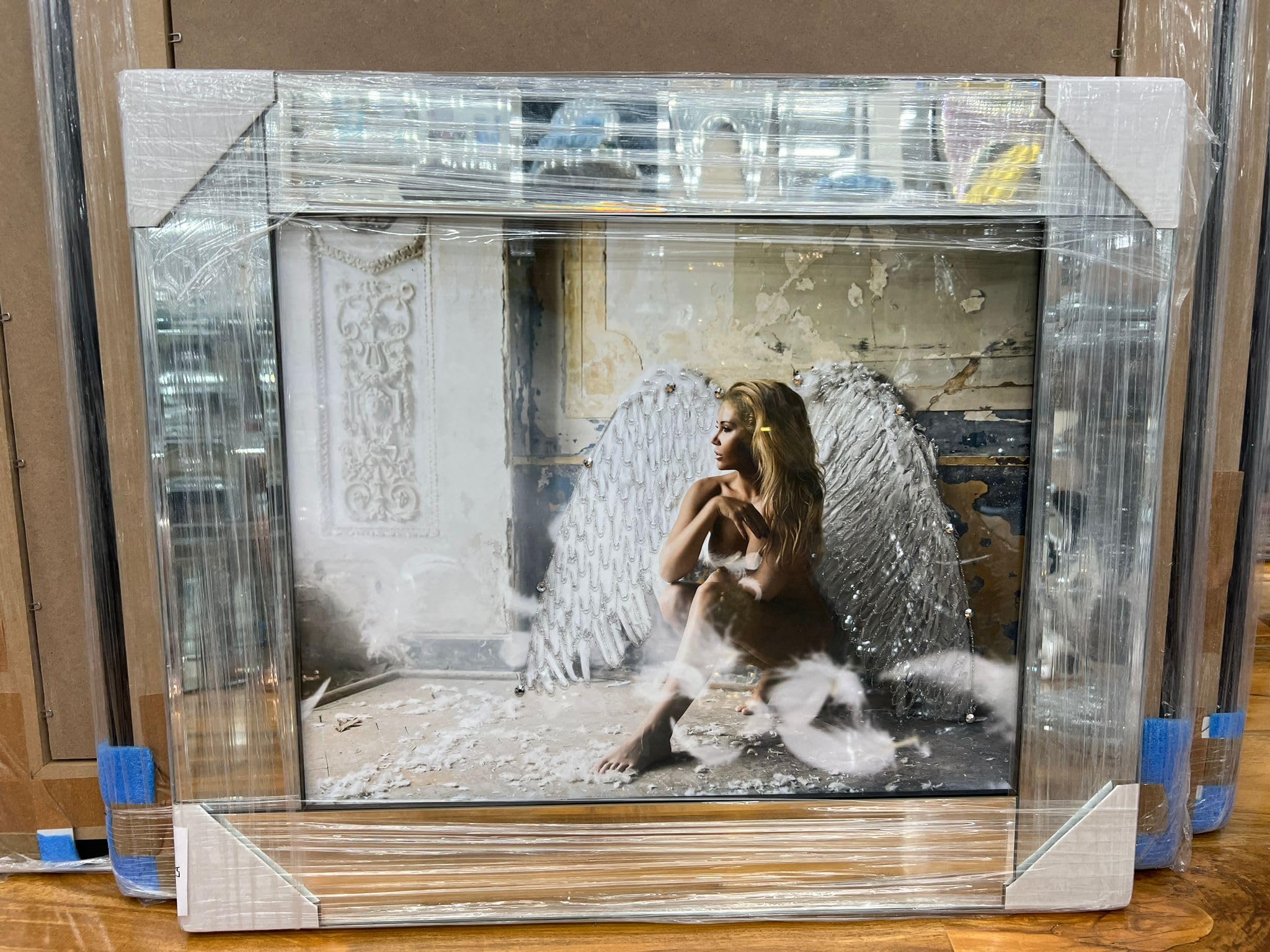 Biznest Silver Clarissa Angel Picture Liquid 3D Wall Decor Glitter Wall Art Mirrored Frame Home Decoration Bedroom Living Room 55X55cm B-Fg073