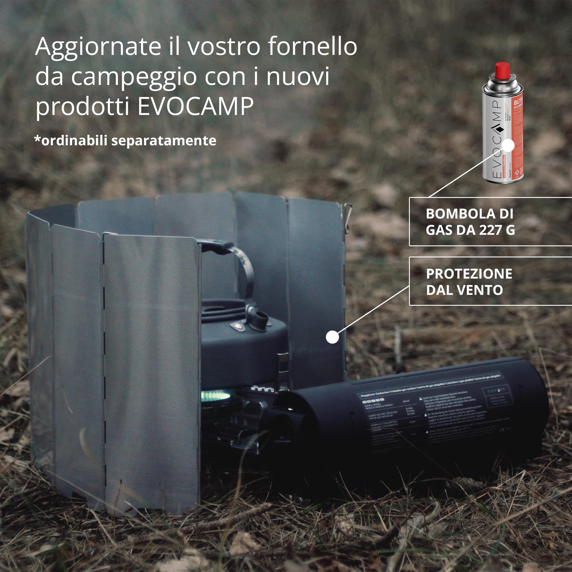 EVOCAMP Fornello da campeggio compatibile con cartucce a gas MSF-1a 227 g, fornello a gas da campeggio pieghevole con borsa per il trasporto, fornello da campeggio pieghevole con accensione