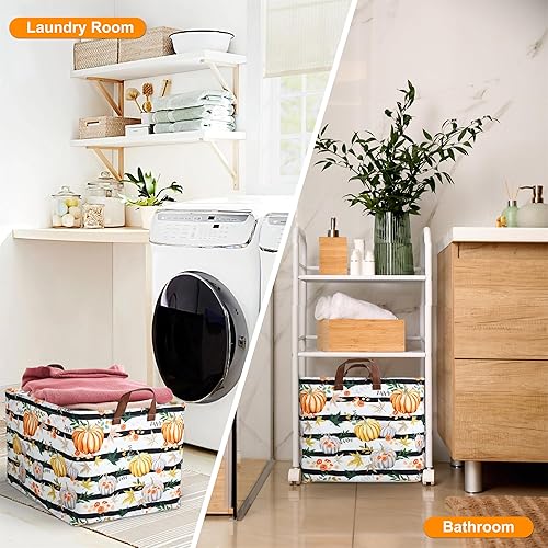 Miniatura 5 de Cesta de almacenamiento de calabaza de otoño, plegable, con asas de cuero, impermeable, caja de almacenamiento de lona para armario, juguetes, ropa,