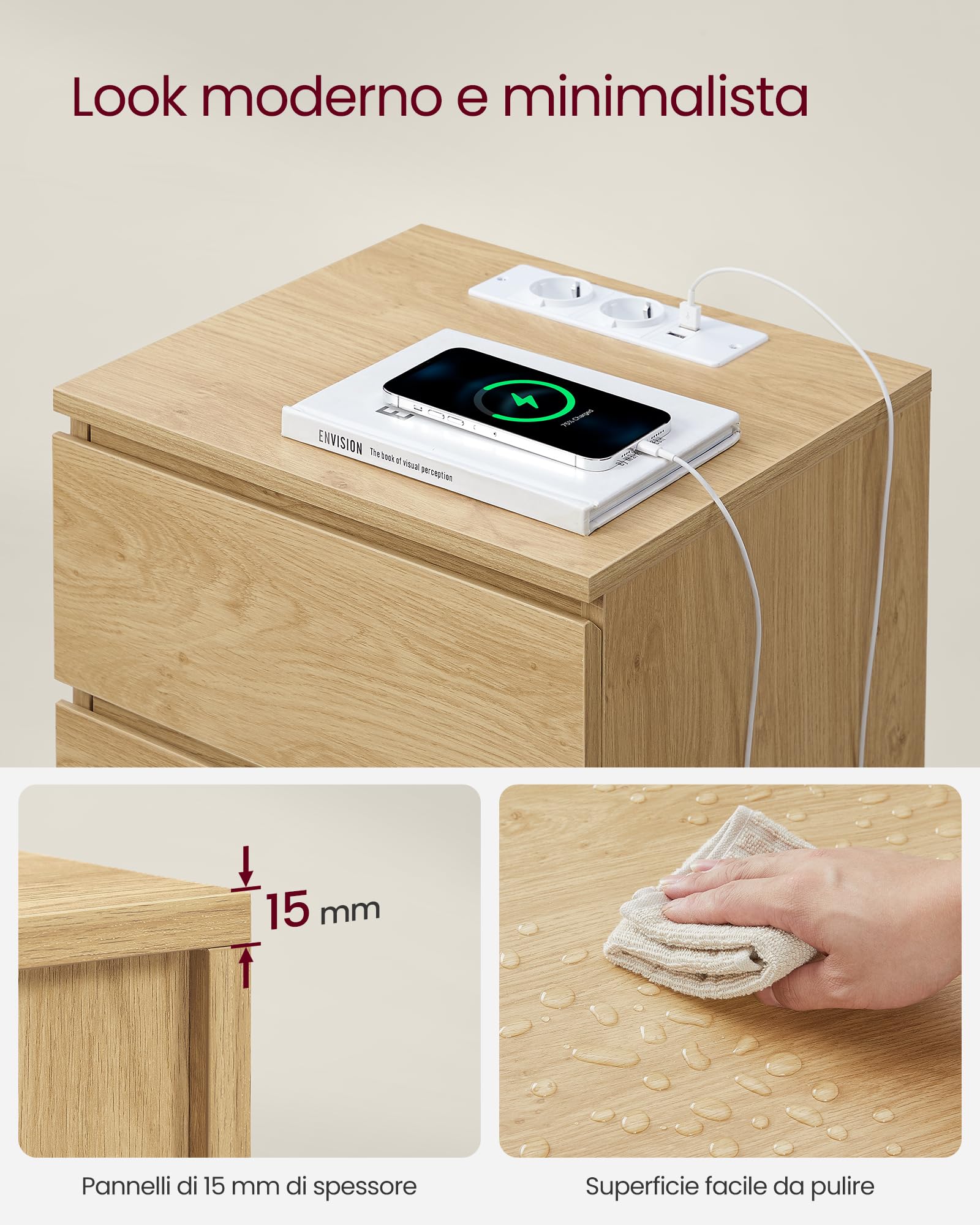 VASAGLE KAILYN Collezione - Comodino con Stazione di Ricarica, con 3 Cassetti, 2 Prese AC 2 Porte USB, per Soggiorno, Camera da Letto, Studio, Giallo Paglierino LET631Y70