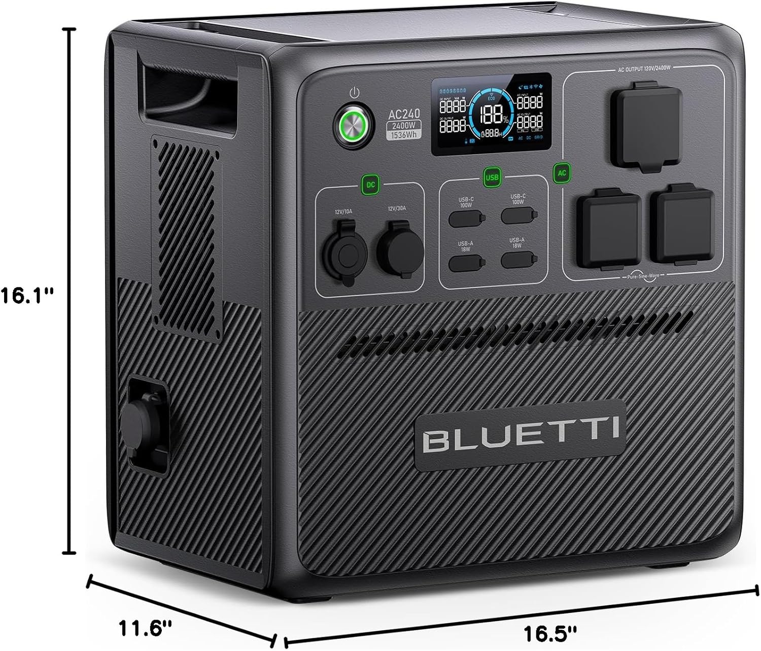 BLUETTI AC240 with dimensions and port labels