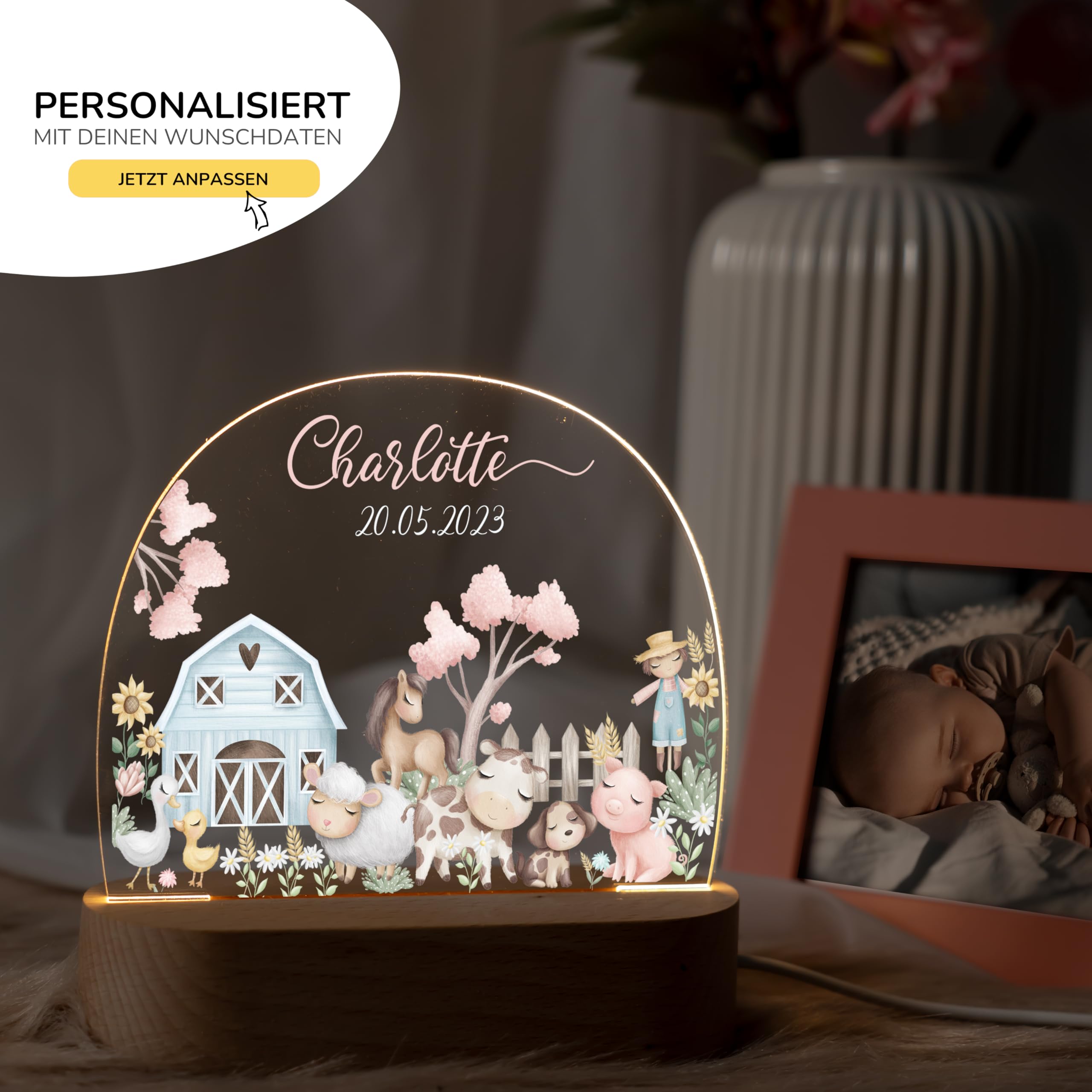 Kidsmood Personalisiertes Nachtlicht Baby mit Namen - Stilllicht Kinder LED, dimmbar, Holz - Babygeschenk Geburt, Taufgeschenk Mädchen Jungen, Kinderzimmer Lampe & Schlummerlicht [Bauernhof Freunde]
