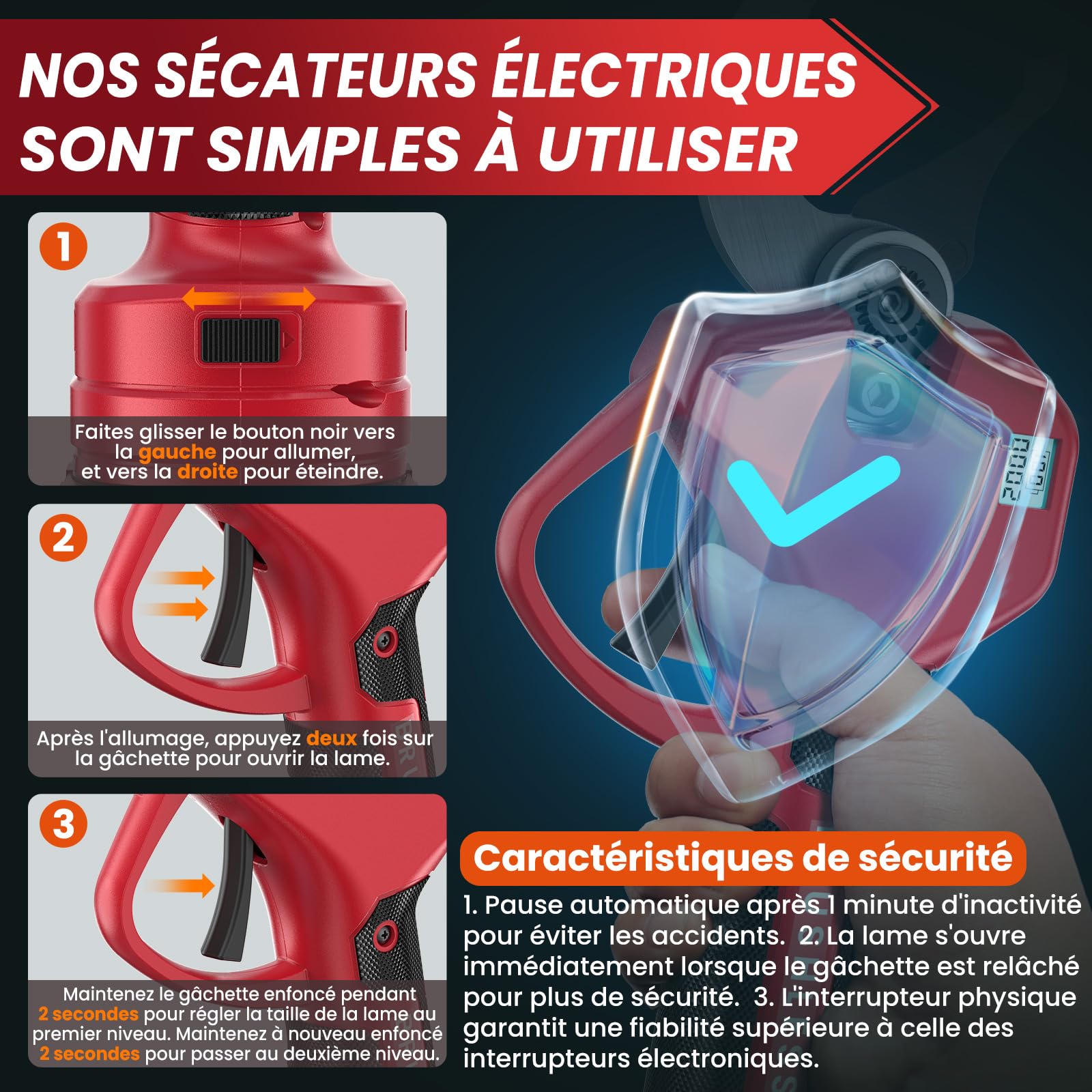 Sécateur Électrique Sans Fil avec Écran et Boîte de rangement, 50MM Secateur Electrique 2-en-1 Extensible Jusqu'à 2,3 m, Secateur Telescopique Electrique pour Jardinage, Ferme, Arbres fruitiers