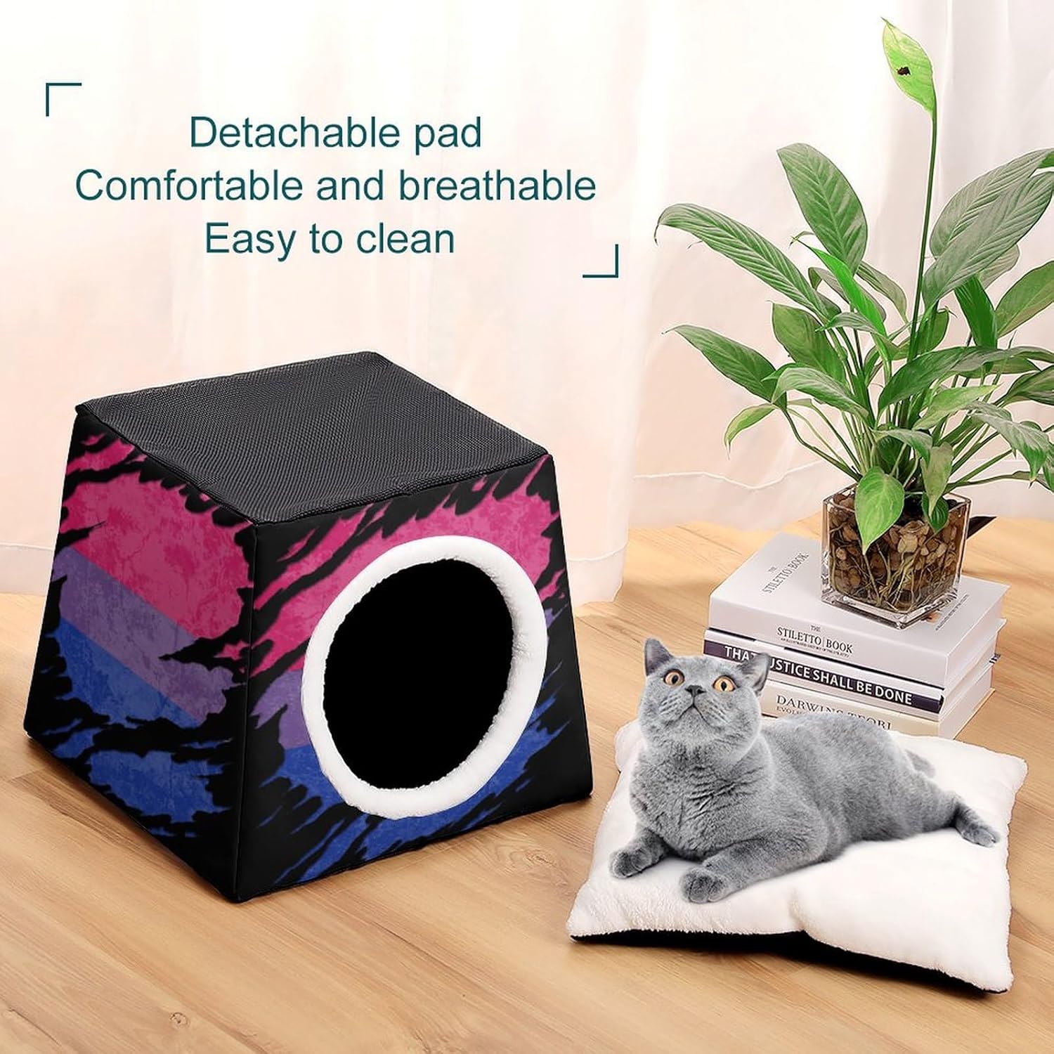 Generic Bisexual Pride Flag Ripped Cat House for Indoor with Spacious Cat Nest, style-31-3