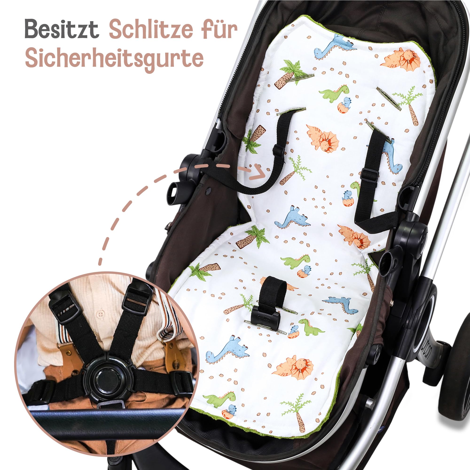 Colchoneta silla paseo universal - Cojín reductor Ideal para carrito bebe funda asiento cómoda y protectora para mayor confort del bebé Minky Dinosaurio verde