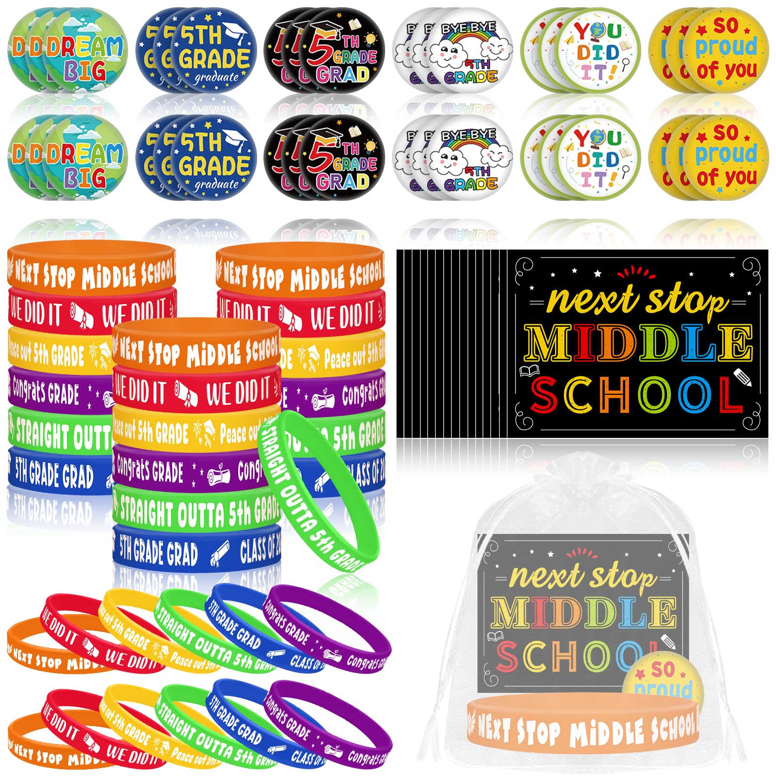 144 Pcs 5th Grade Graduation Gifts Include 36 Rubber Wristbands 36 Graduation Badges 36 Congratulations Graduations Card 36 Organza Bags for Fifth Grade Party Favors Supplies