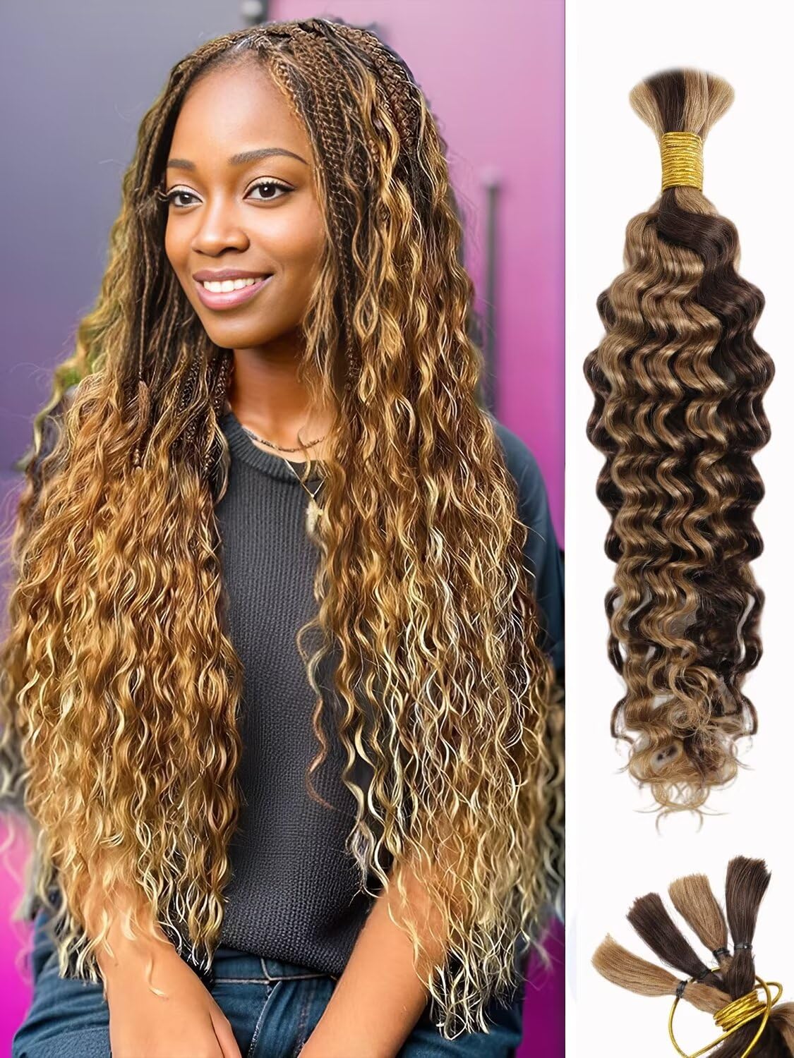 12A P4/27 Ombre Brown Blonde Human Braiding Hair for Boho Braids 1 Bundle 18 Inch 50g Deep Wave Braiding Hair for Bohemian Knotless Braids 100% Unprocessed Virgin Bulk Hair Extensions No Weft