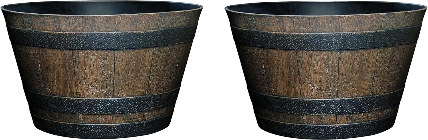 Classic Home and Garden Whiskey Plastic Resin Flower Pot Barrel Planter, Walnut Brown, 20.5 (Pack of 2)