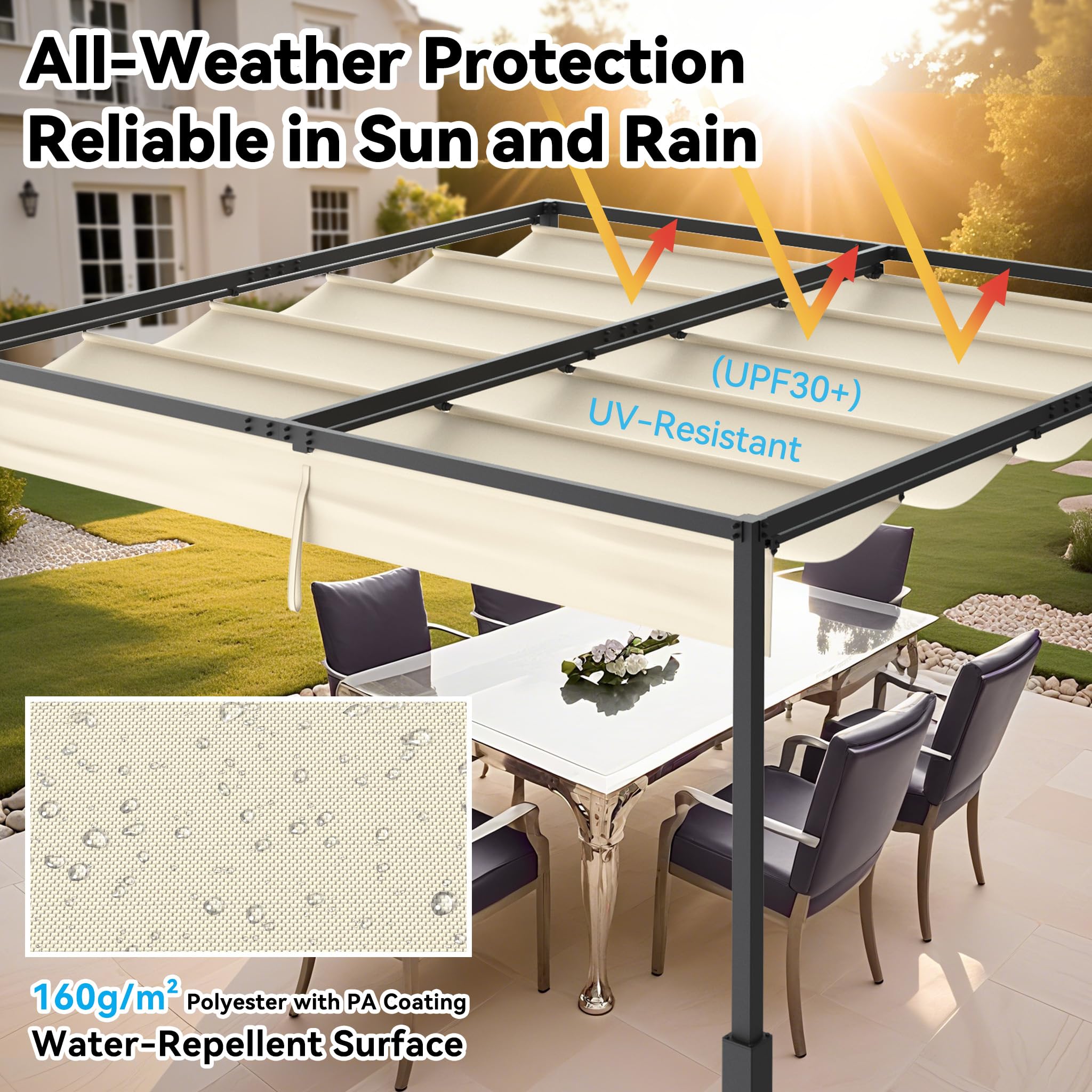 ACXIN pergolato con tetto scorrevole, tettuccio in acciaio, impermeabile, poliestere rivestito PA, 160 g, padiglione da giardino autoportante con protezione solare regolabile (beige, 3 x 3 m)