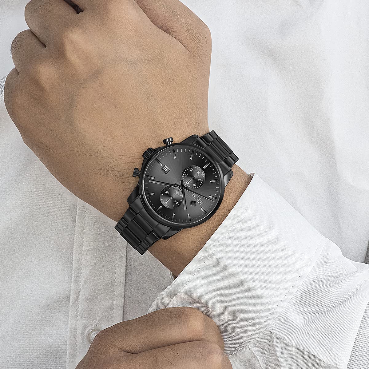 Montre bracelet pour homme avec montre à quartz chronographe étanche en acier inoxydable et métal, date automatique sur les mains colorées, extensible en acier inoxydable, réglable, Noir, 1, Bracelet