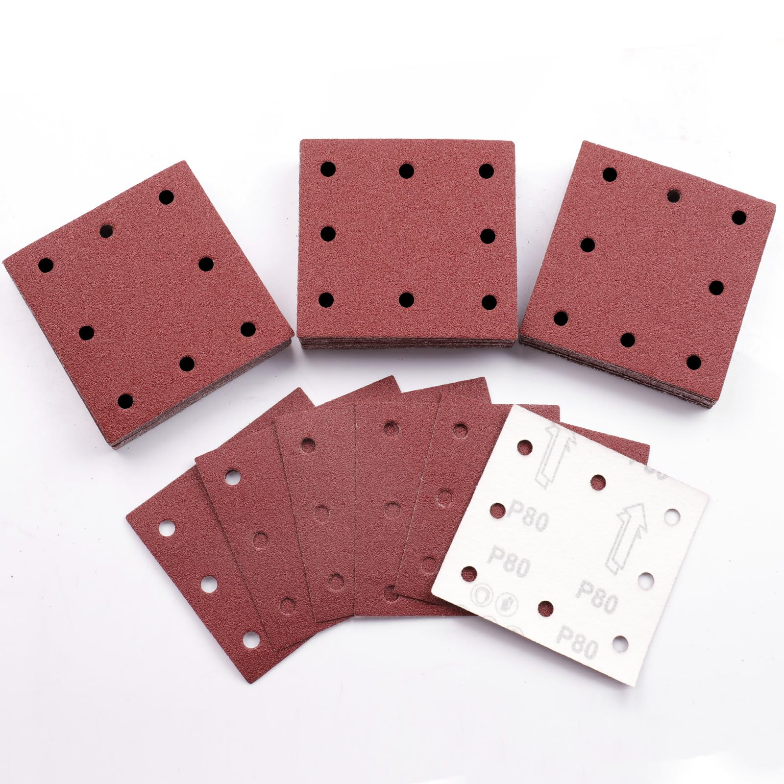 Sruhrak 50 Pezzi Carta Abrasiva Kit, 110x115mm Fogli Levigatrice 80 Grana 8 Fori Carta Vetrata Rettangolari per Levigatrice Orbitali Casuali