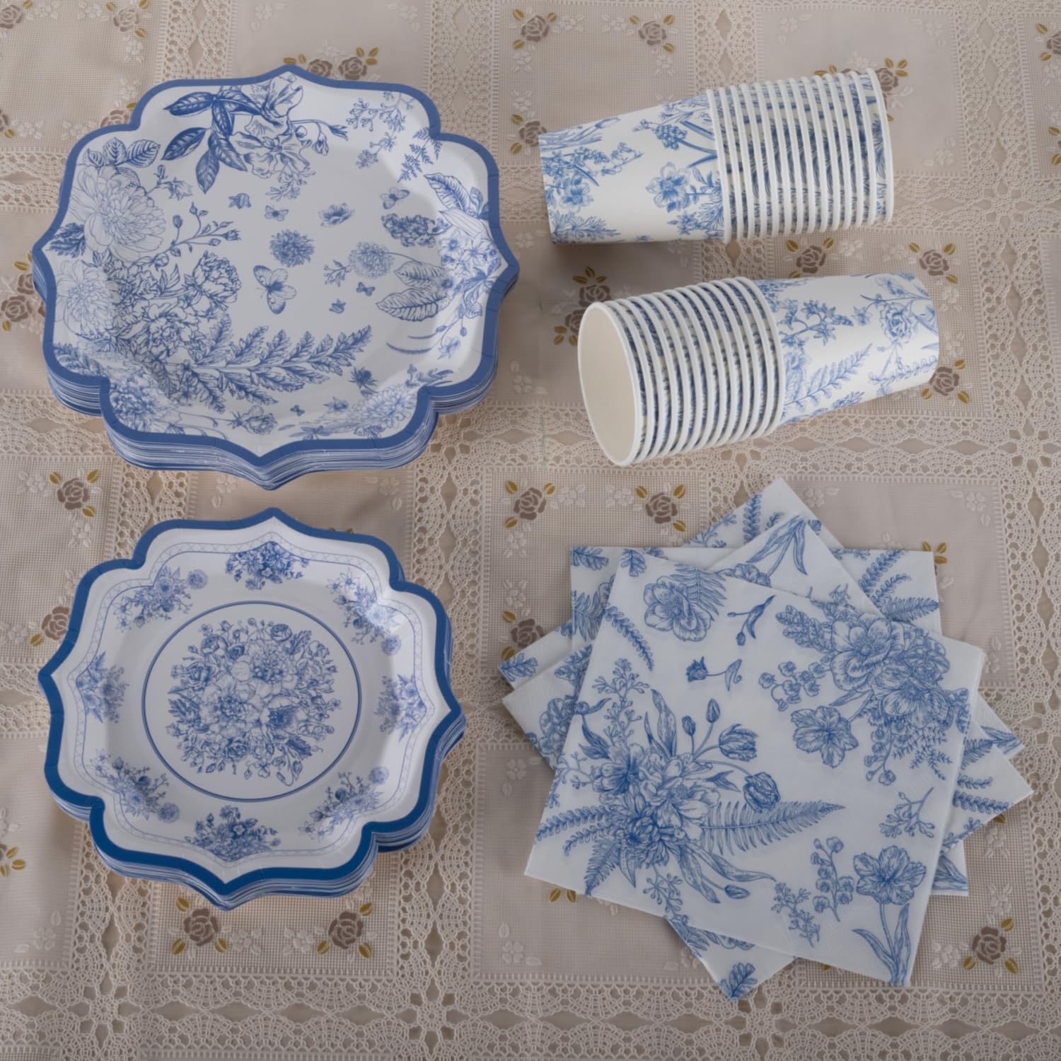 Stoviglie eleganti in cartone blu e bianco per 30 ospiti – Piatti, Asciugamani e Tazze – Tè, Compleanni