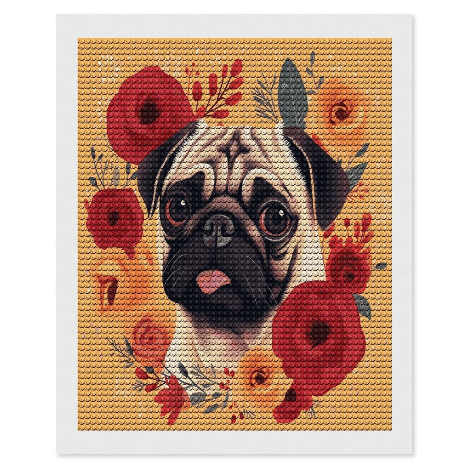 JTREHY Pug Flower Diamond Art Kits Personalized DIY Round Diamond Painting Kits for Beginner Full Drill Diamonds Dots Paintings for Adults Gem Art Crafts Home Decor