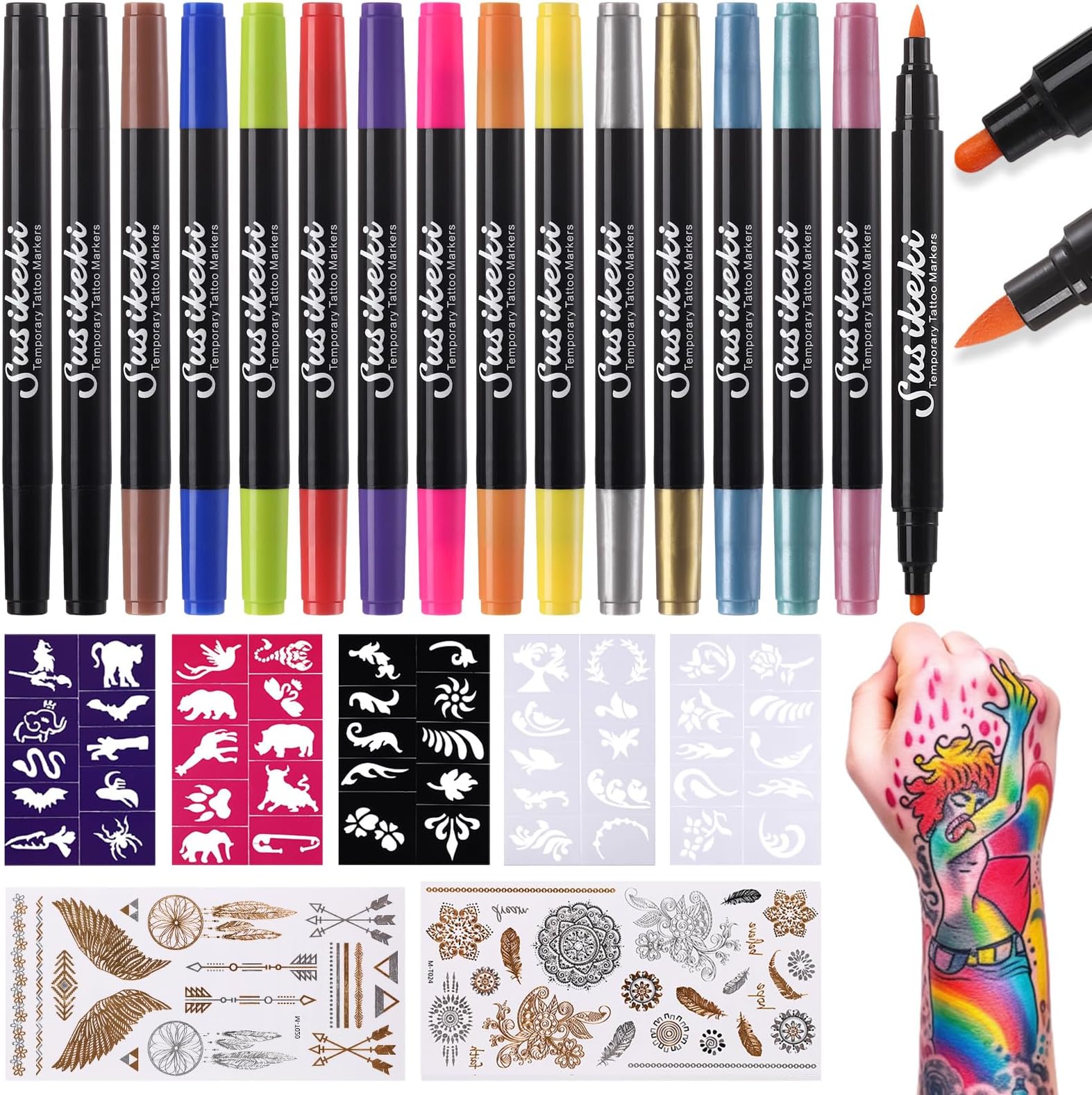 Amazon.com : Temporary Tattoo Markers for Skin,15PCS Dual-Ended Tattoo ...