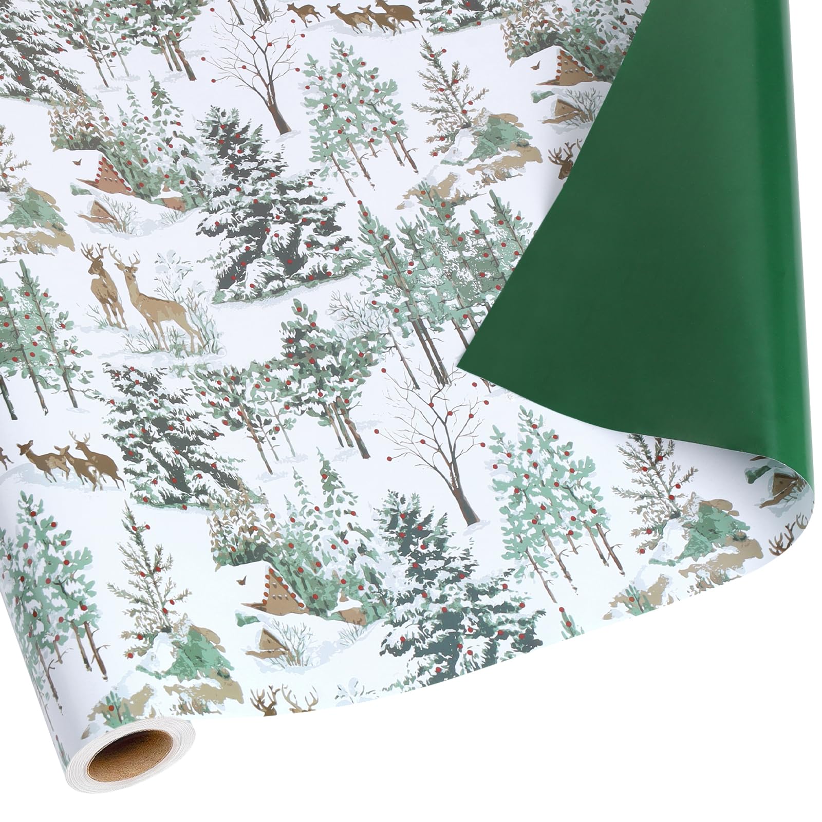 BIOBROWN Woodland Deer Reversible Christmas Wrapping Paper Roll, 43cm x 10m