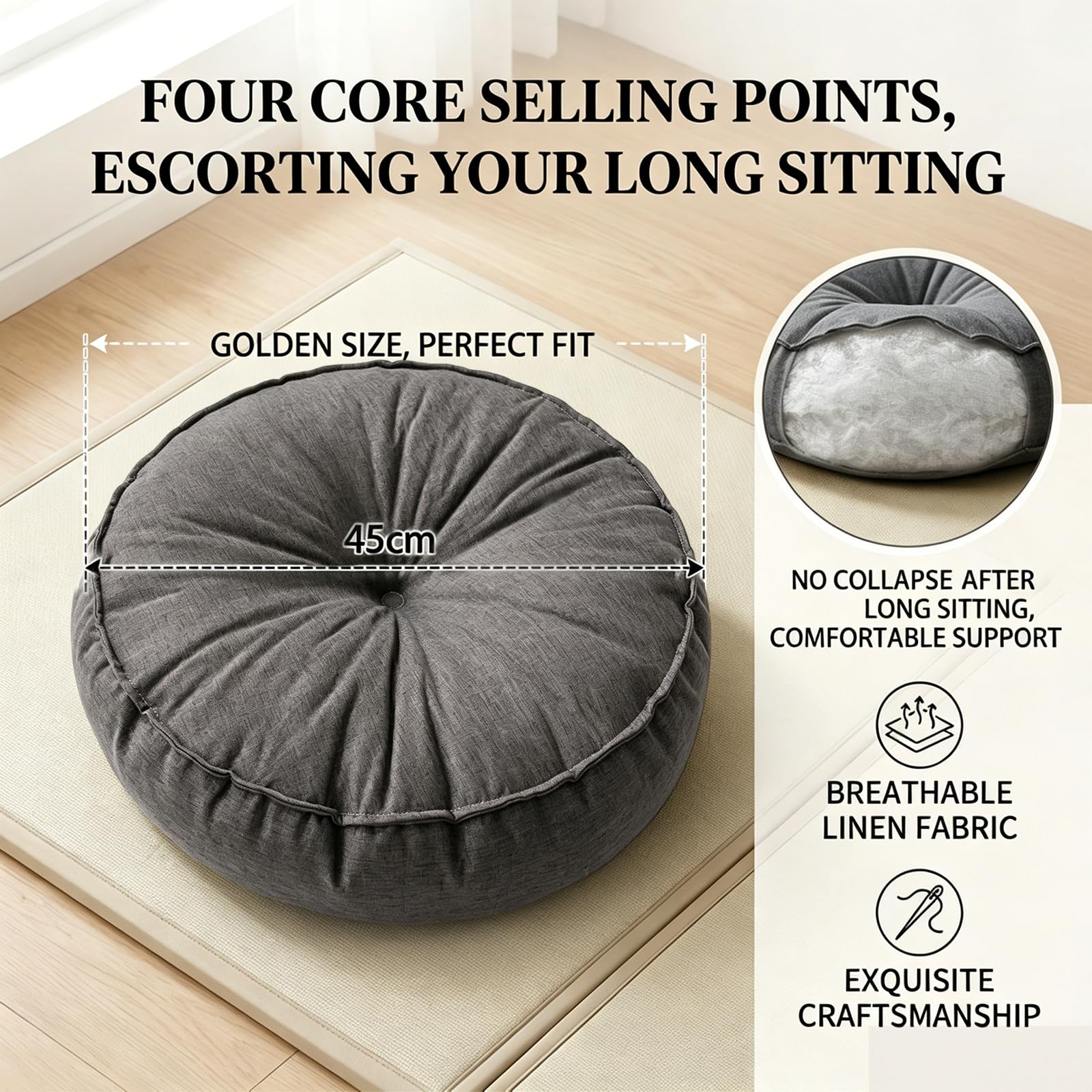 Cuscino per seduta rotondo, impermeabile e resistente alle intemperie, per interni ed esterni, 10 cm di altezza e 45 cm di diametro, ideale per casa, giardino e uso sul pavimento (grigio scuro)