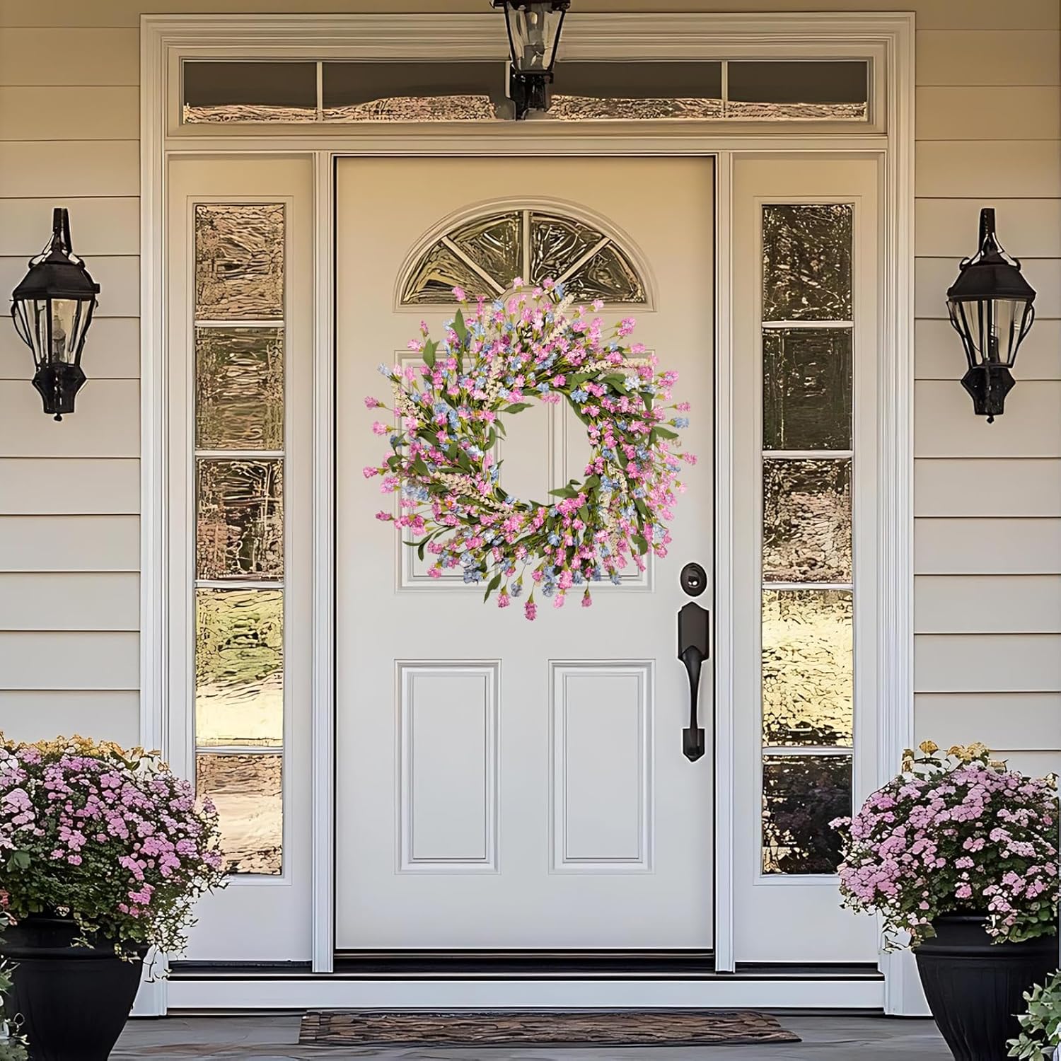 24 Inch Spring Summer Wreaths for Front Door, Year Round Artificial Lavender Paper Flower Wreath with Blue Pink Fade Flowers, Home Farmhouse Windows Walls Porch Wedding Indoor Outdoor Decor - Image 4