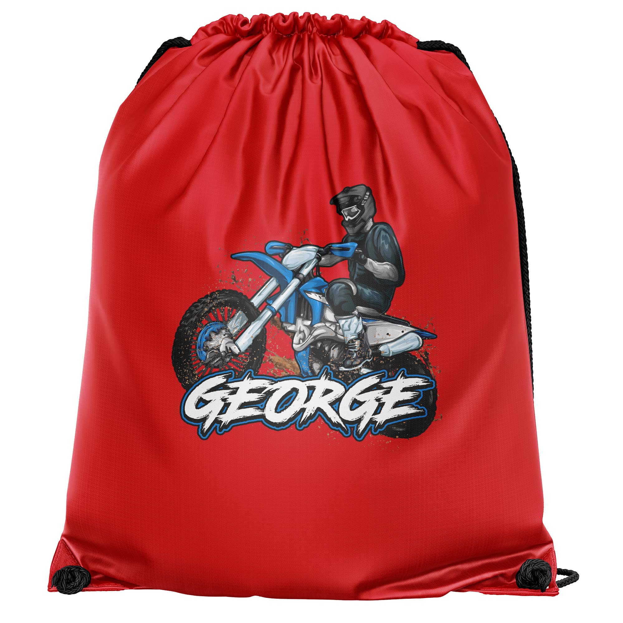 Personalised Dirt Bike Drawstring Bag, Custom Back to School and Nursery Gifts for Boys, Ideal Bag for Boys Who Love Motorbikes, Essential Kids PE Kit Swimming Bag, One Size, Red