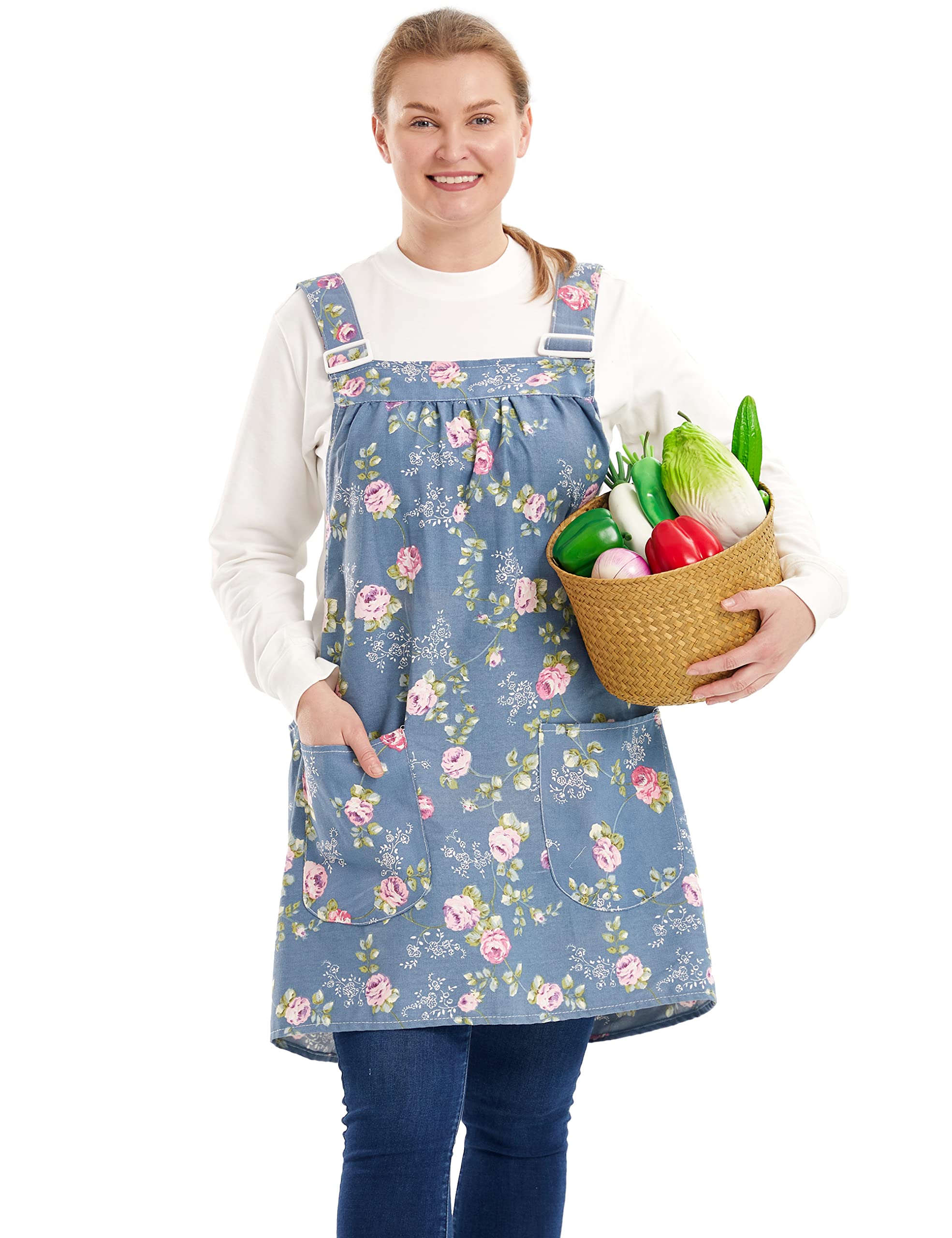 APRONNER No Ties Plus Size Aprons for Women with Pockets Cotton Linen Baking Kitchen Cooking, Rose Flower, XXXL