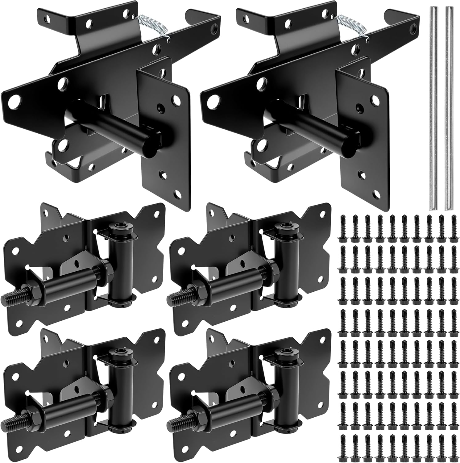 QWORK Heavy-Duty Self-Closing Gate Kit - 2 Sets, Hinges and Latch, Gate Hardware Kit, Includes 2 Latches, 4 Hinges
