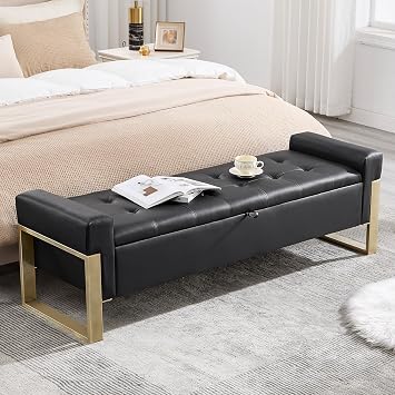 67 End of Bed Storage Bench, Storage Ottoman Bench for Bedroom King Size, Modern Faux Leather Benches for Foot of Bed with Gold Legs for Window Living Room Entryway, Black