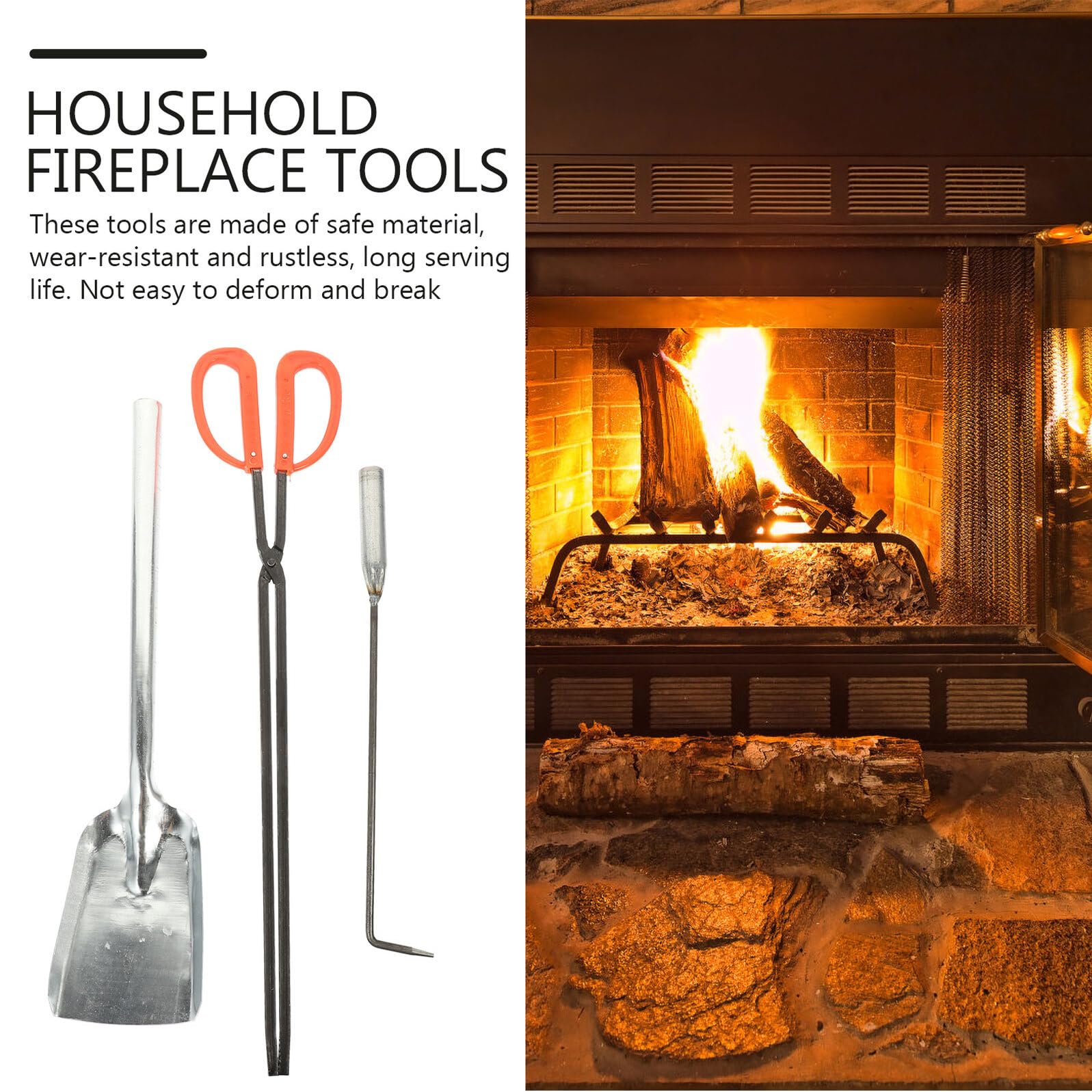 Set Attrezzi per Caminetto 3 Pezzi in Ferro Pinza per Braciere Pala per Cenere e Attizzatoio Ergonomici per Uso Domestico e Barbecue Accessori Antincendio per Casa e Giardino