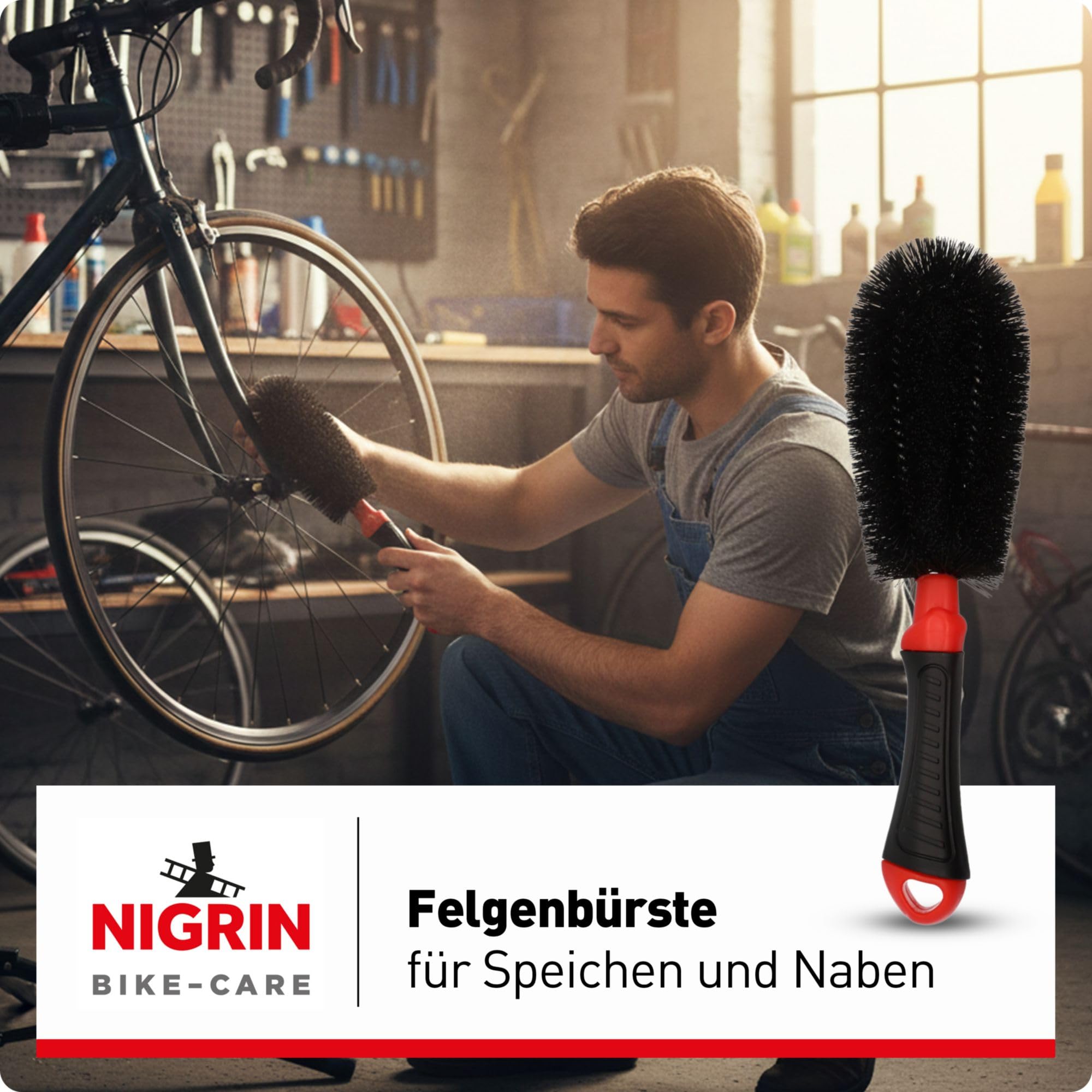 NIGRIN Bike Care zestaw szczotek do czyszczenia rowerów, duża szczotka do czyszczenia powierzchni, szczotka do felg, szprych, kół jezdnych i piast, szczotka do wieńców zębatych do zębatek