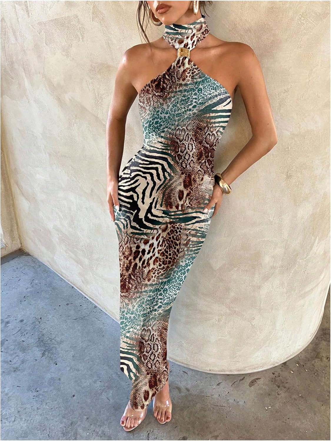 Floerns Women's Cheetah Print Sexy Halter Maxi Dress Sleeveless Slit Bodycon Party Going Out Long Dresses - Image 4