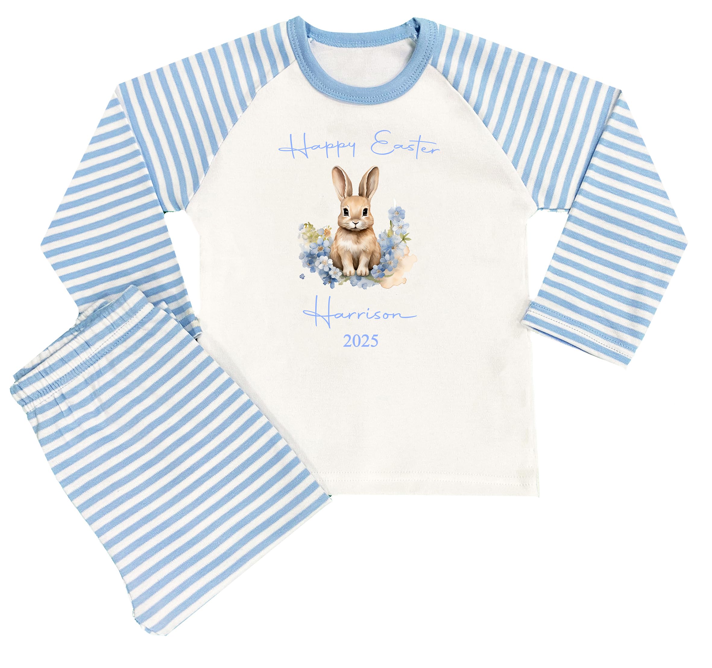 The Baby Box UK Personalised Boys Easter Pyjamas Blue Stripe Bunny Rabbit PJs (Happy Easter Blue Stripe, 6-12 Months)