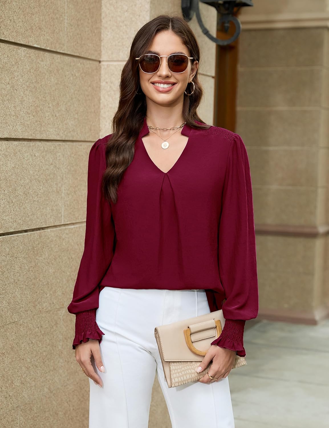 Blooming Jelly Womens Business Casual Blouse Dressy Long Sleeve V Neck Tops Office Fall Fashion 2026 Chiffon Shirt - Image 2