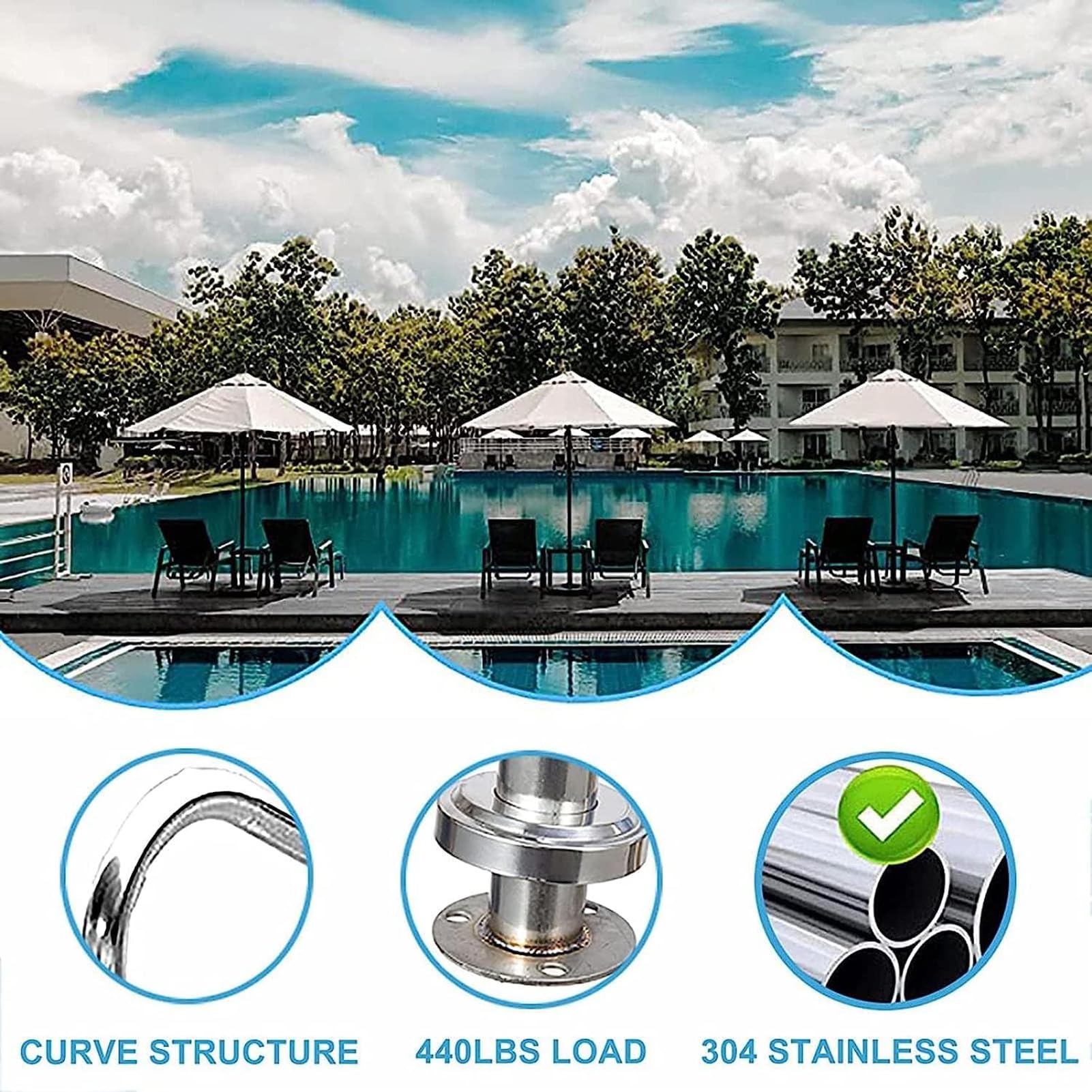 Riel para piscina, barandillas para terrazas de acero inoxidable 304, barandilla para piscina, pasamanos para piscina, mango de seguridad plateado a prueba de herrumbre, pasamanos humanizado