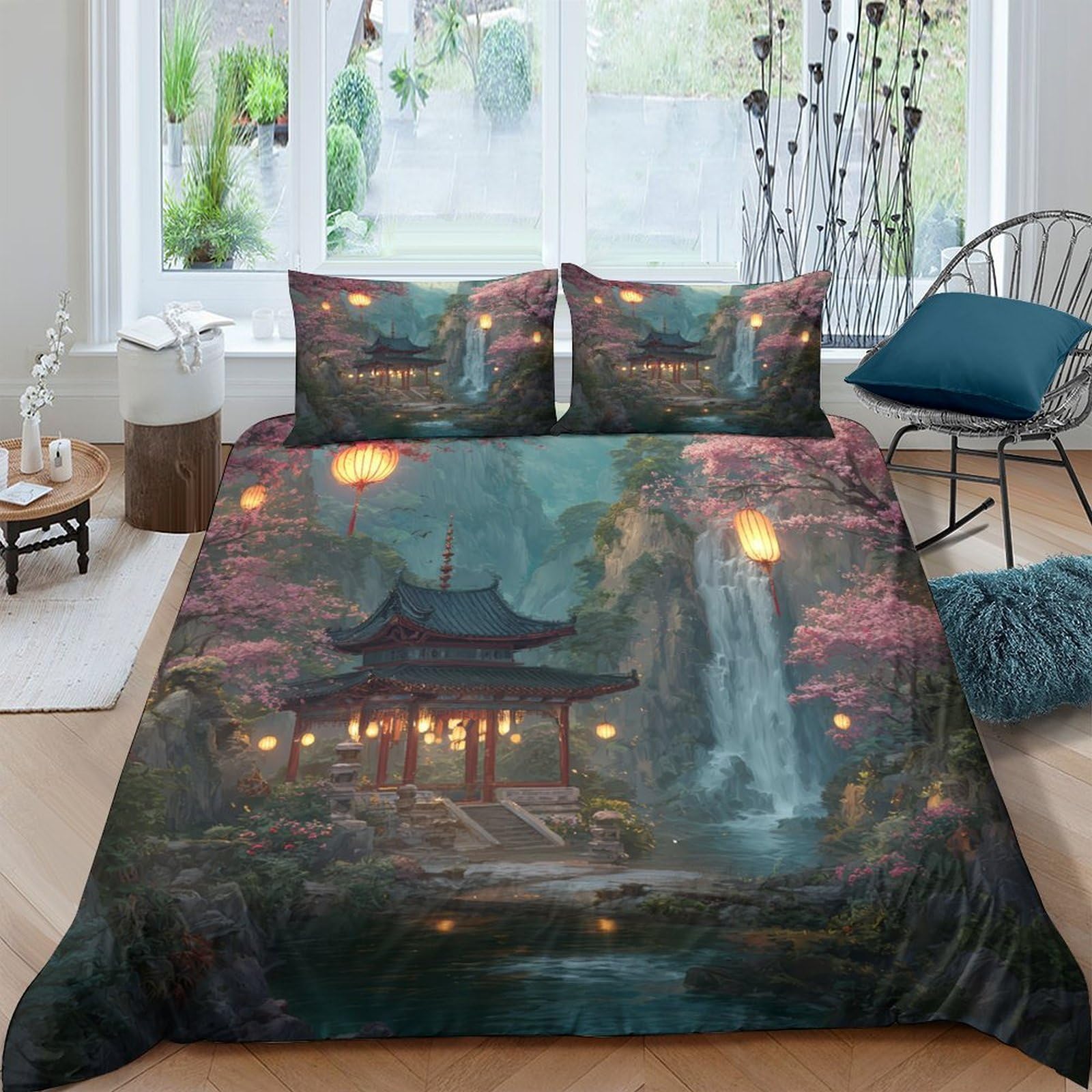 Ctjqhvkz Style-7 3D Printed Oriental Pagoda Fitted Sheet Microfiber Soft Waterfall Bed Cover For Bedroom Guest Room Decor Single（135X200cm）