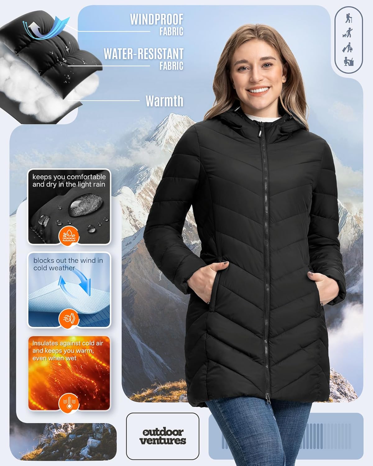 Outdoor Ventures Women's Long Hooded Lightweight Puffer Coat Quilted Insulated Winter Jacket - Image 4