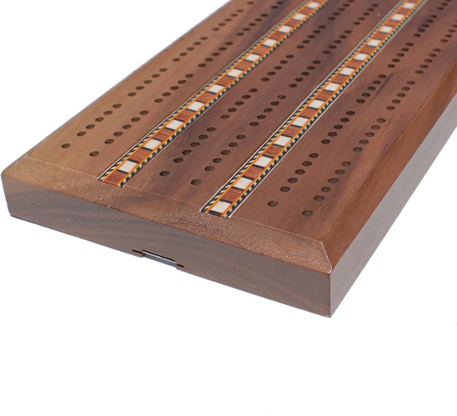 WE Games Deluxe Cribbage Set, Walnut Wood 3 Track Sprint Board with Inlay, Easy Grip Cribbage Pegs, Cards & Storage Bag, Wooden Board Game for Adults, 15 inches