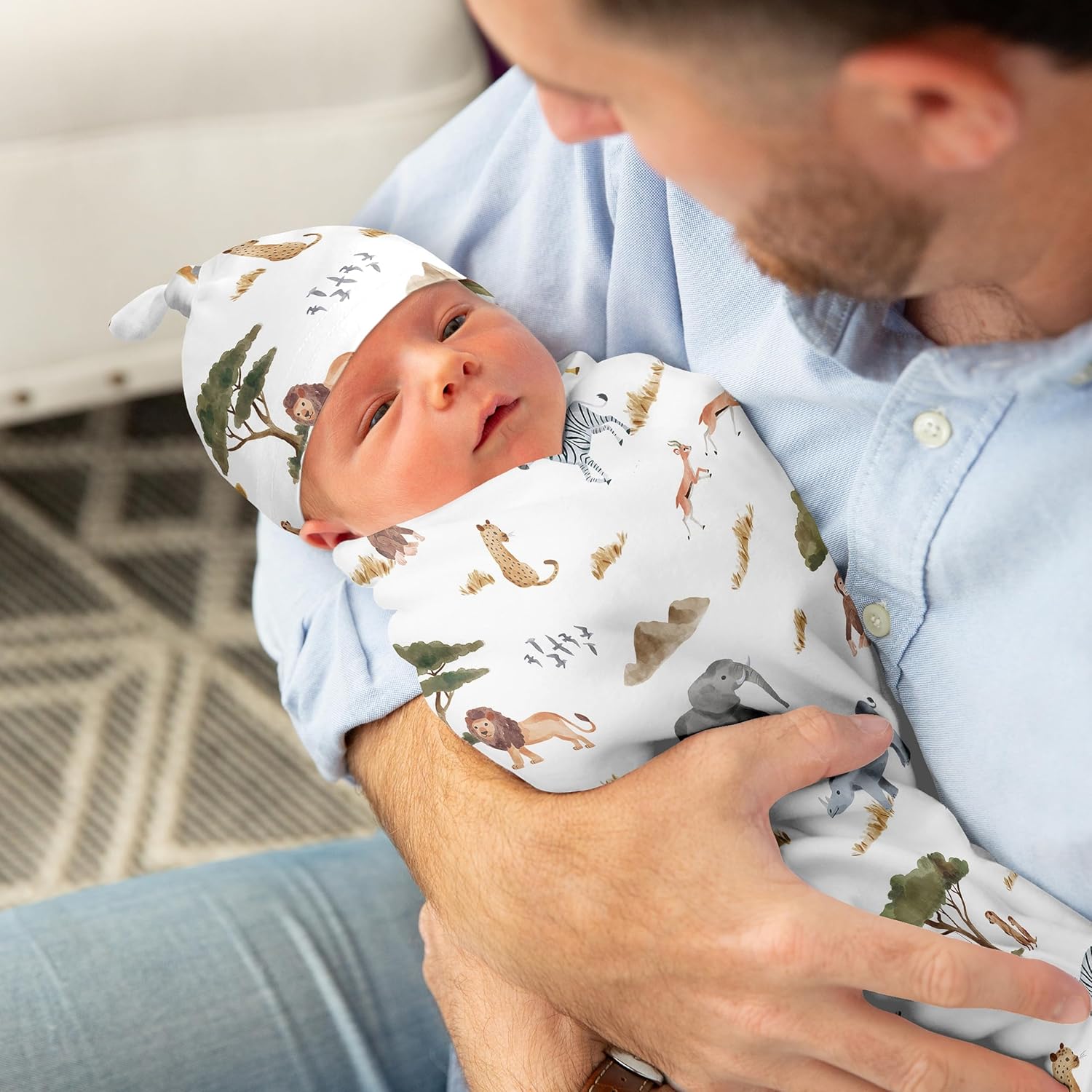 Sweet Jojo Designs Jungle Animals Boy Girl Gender Neutral Unisex Baby Cocoon Swaddle and Beanie Newborn Jersey Set Infant Wearable Blanket Going Home Outfit Set Green Boho Safari Elephant Giraffe