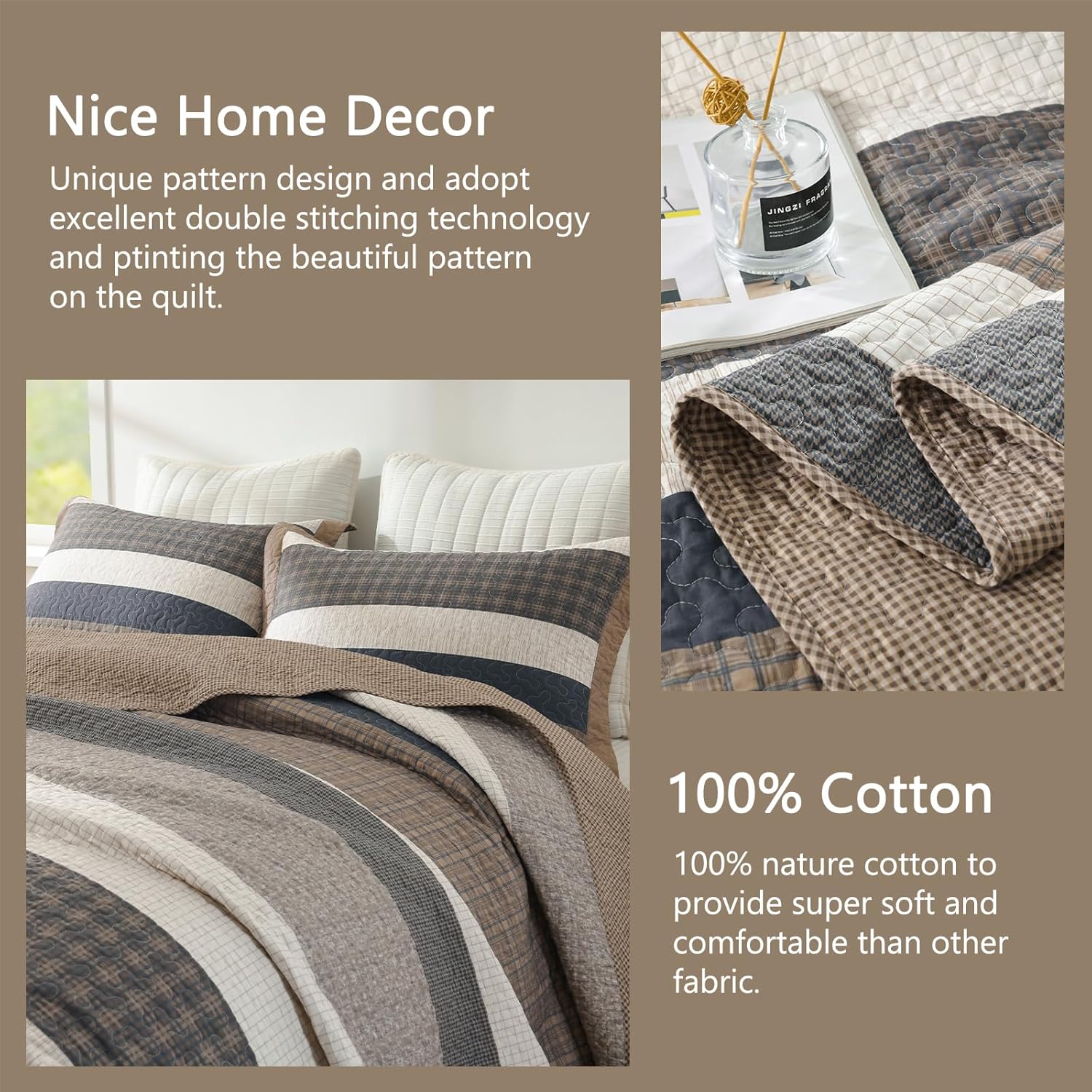 Finlonte 100% Cotton Quilt Set, Striped Farmhouse Reversible Lightweight Quilted Bedspreads, 3-Piece, Brown/Cream/Beige/Gray, King Size - Image 4