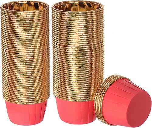 HARFINGTON Tazas de magdalenas de color rojo dorado, 100 piezas de papel de aluminio estándar para cupcakes, tazas para hornear cupcakes para