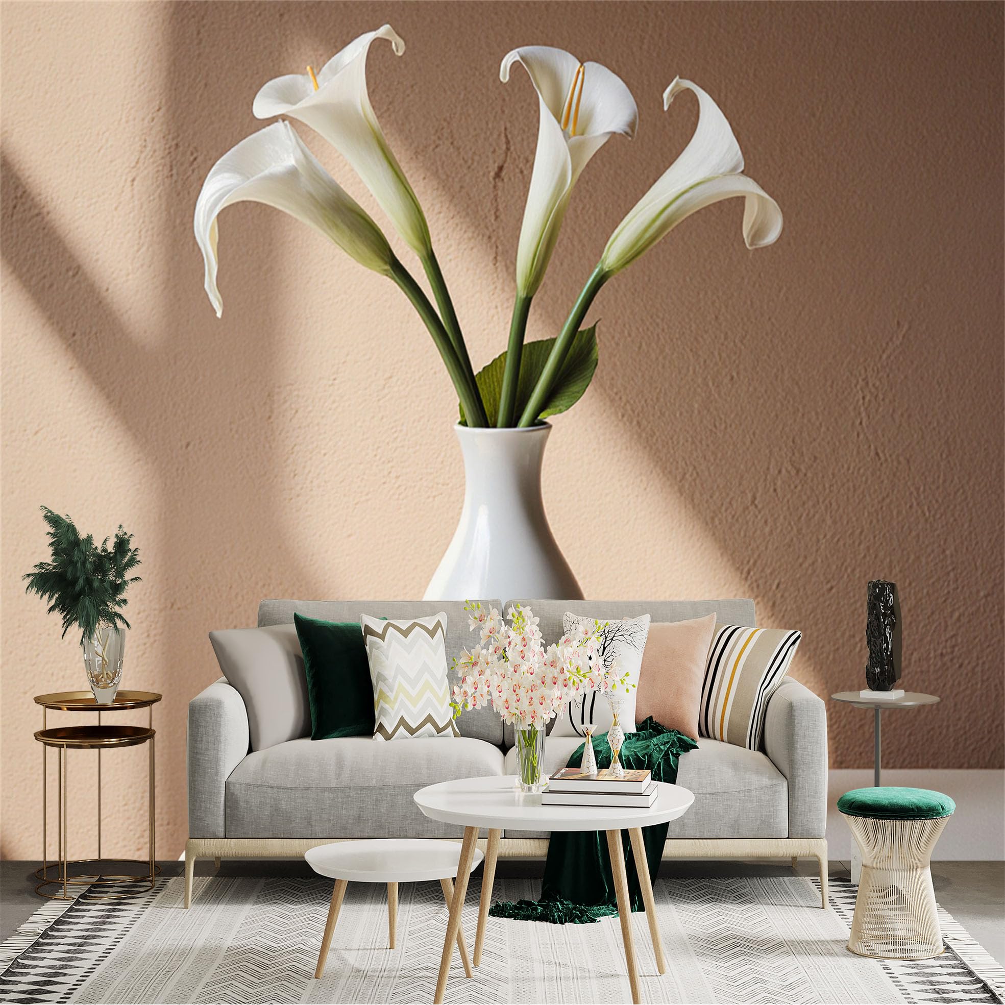 Custom Size Wall Sticker Mural， Elegant White Calla Lilies in Ceramic Vase， Minimalist Botanical Still Life， Soft Neutral Background， for wall Decoration， peelandstick wall Decals.