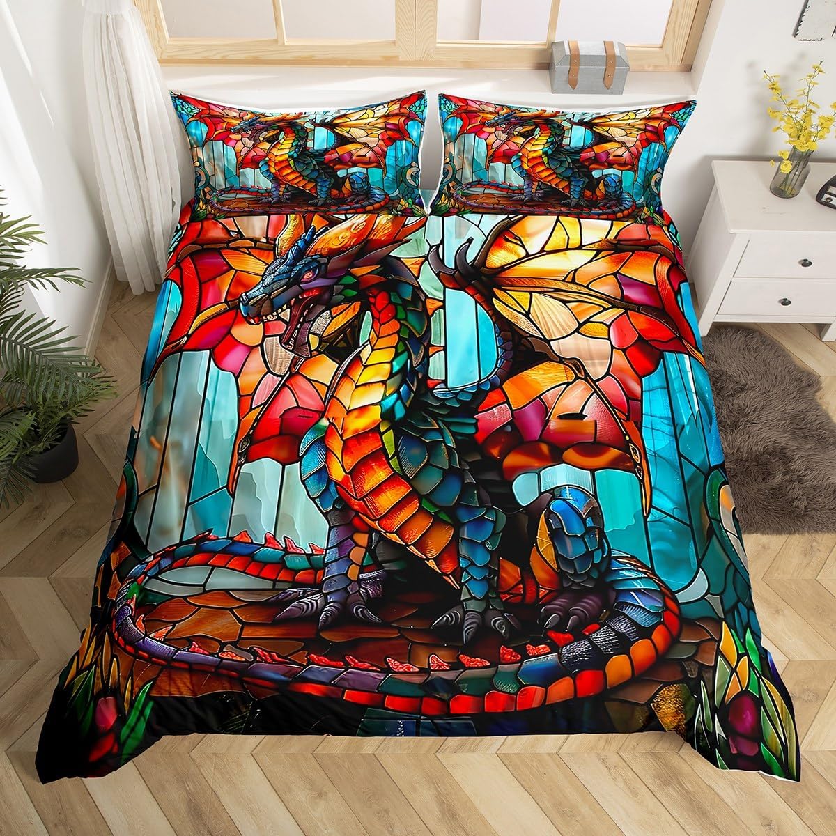 Stained Glass Dragon Duvet Cover Set Toddler,Western Magical Animal Bedding Set Kids Boys Girls Room Decor,Wildlife Vintage Colorful Pattern Comforter Cover 2Pcs,Dragon Bedspreads Cover,1 Pillowcase