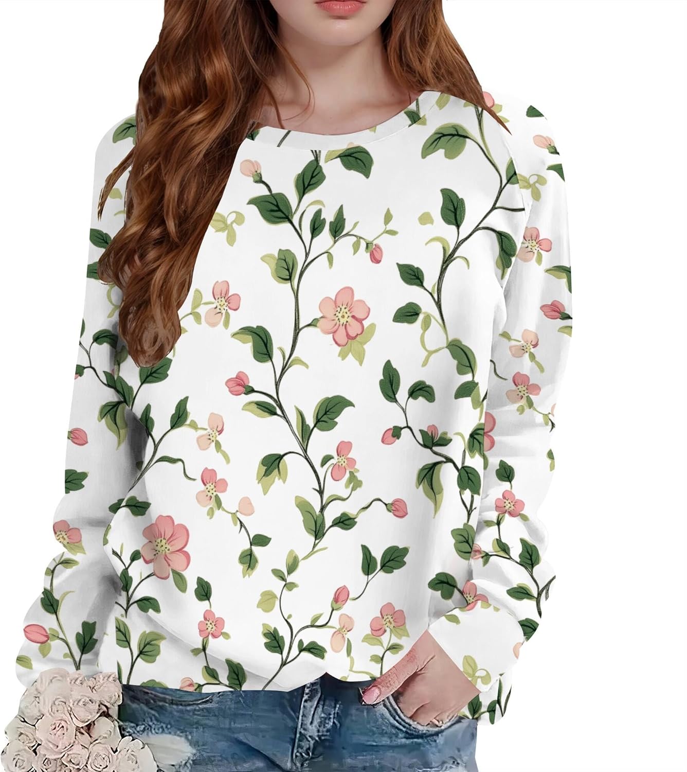 Vinatge Floral Printed Sweatshirt for Women Boho Flower Pullover Tops Long Sleeve Crewneck Graphic Casual Blouse