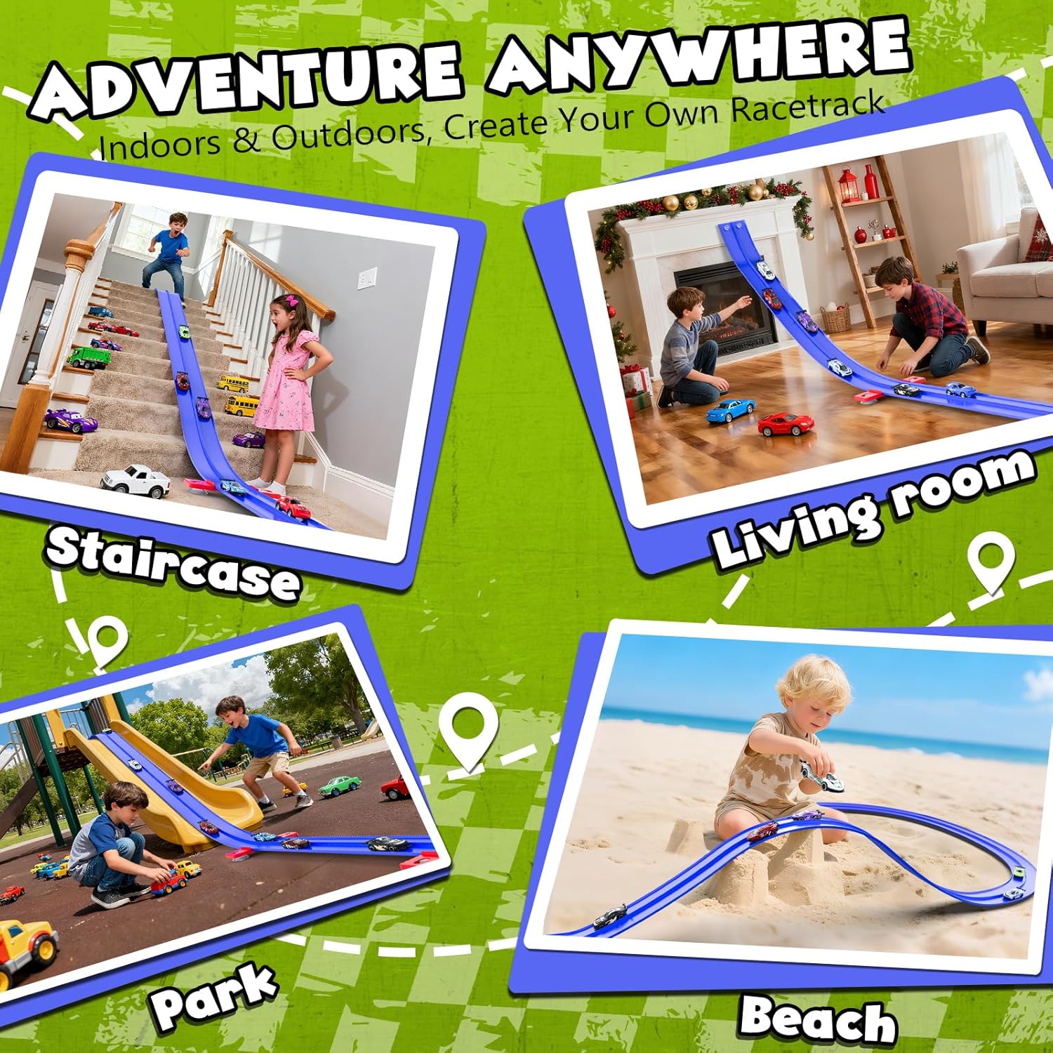 Flexible Race Car Track for Kids, 15Ft Race Track Toy with 4 Cars and Suction Cups, Rolls Up Portable Racetrack Compatible with All 1:64 Cars Toys, Birthday Gifts Toys for Boys Girls
