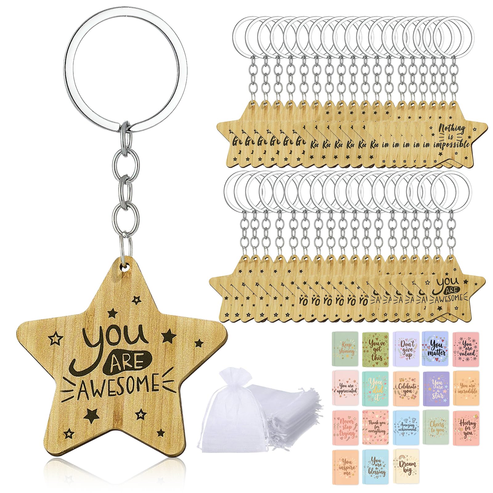 VEGCOO 36 Sets Wooden Star Keyrings, School Leaver Star Keyring Gifts, Class Gifts Teacher to Pupil Leaving Gift, End of Term Gifts Motivational Keyring Token (6 styles)
