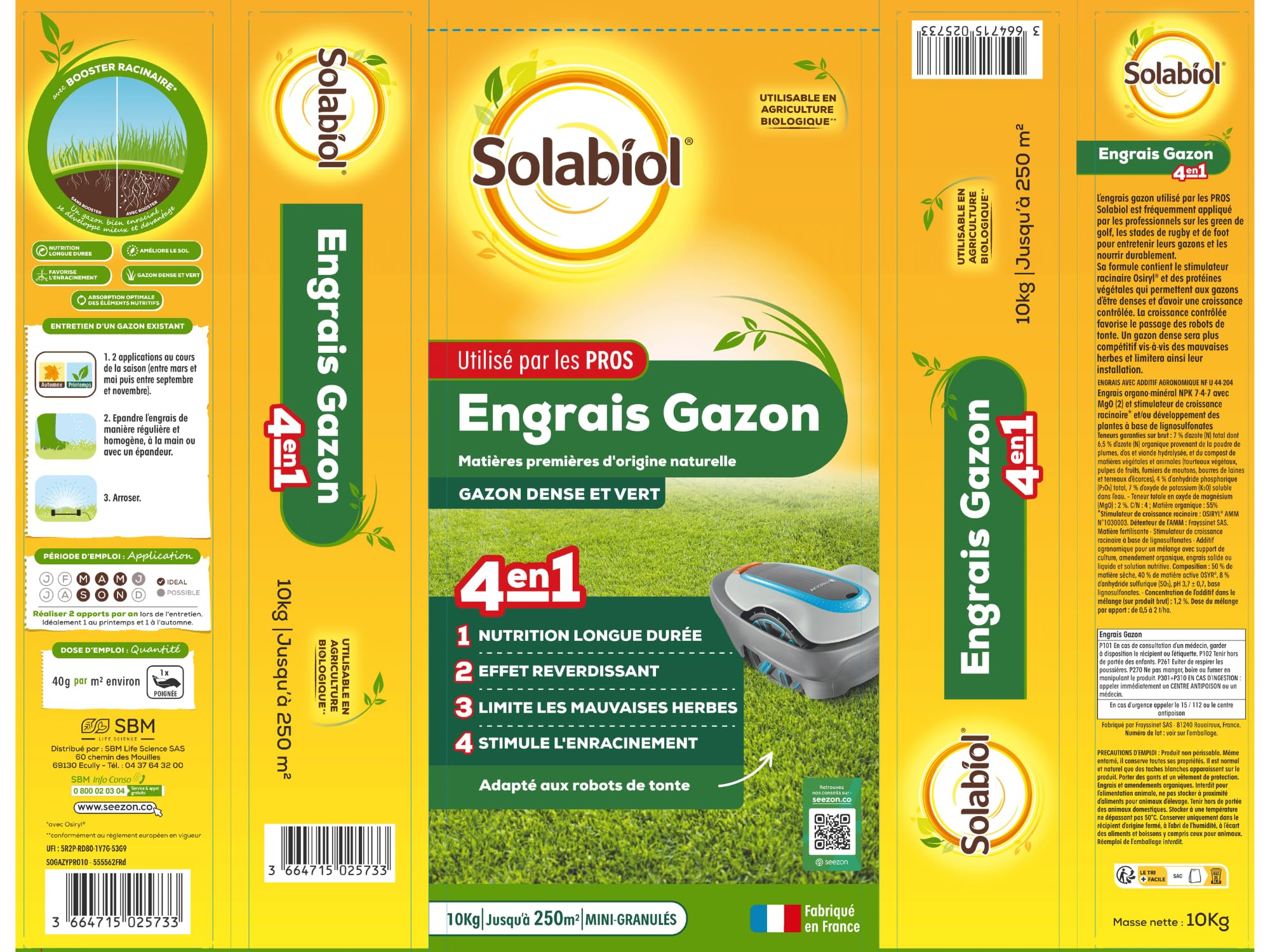 SOLABIOL Engrais Gazon 4 En 1 30Kg Jusqu'à 750m² Nutrion Longue Durée Effet Reverdissant