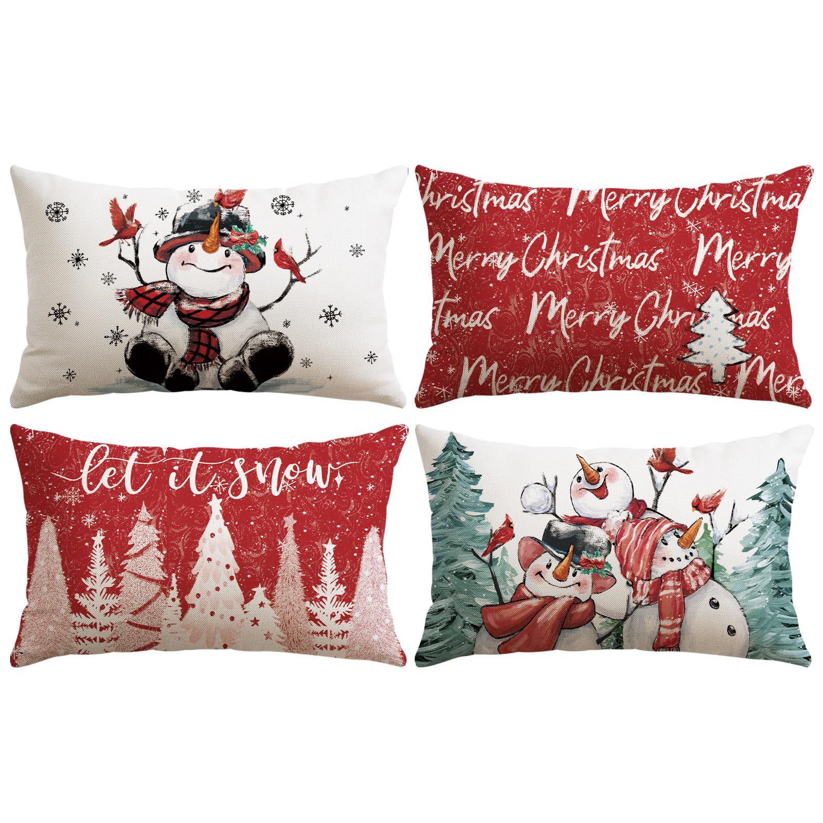 JOTOM Christmas Cushion Covers 40x60 cm Set of 4 Snowman Xmas Trees Decorative Throw Pillow Covers Sofa Merry Christmas Cushion Cases Winter Holiday Decoration for Home Couch Bed Decor (Red)