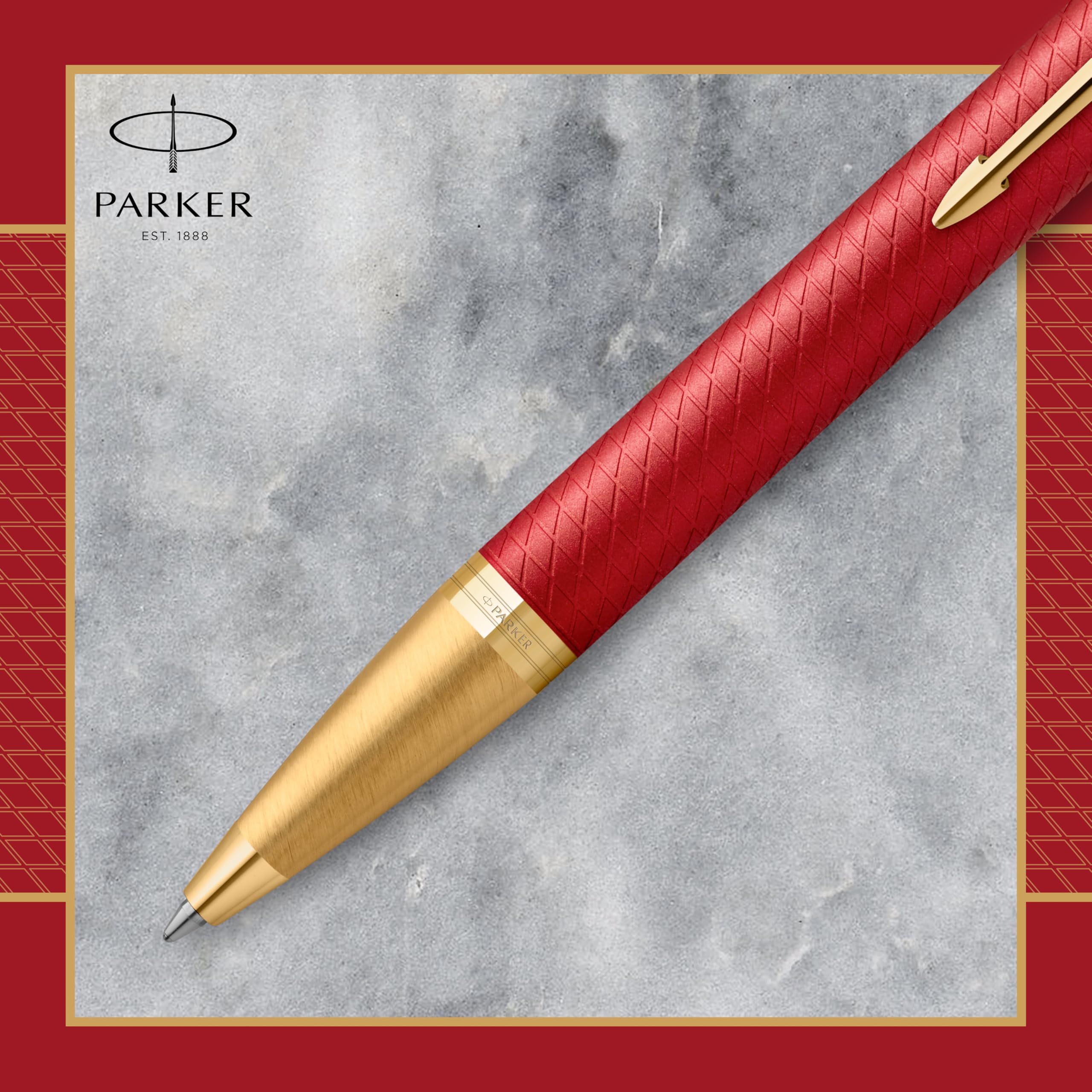 Parker IM stylo bille - Laqué rouge Premium avec attributs dorés - Pointe moyenne avec recharge d’encre bleue - Coffret cadeau