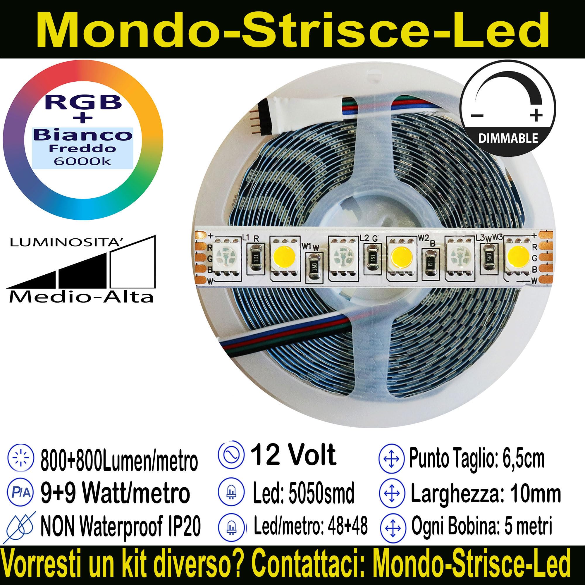 Kit da 10 metri (2 Bobine+1 trasformatore da 200w +1Controller) RGB + Bianco Freddo, 480+480Led, 96+96Watt, 8.000+8.000 Lumen 12V RGBW. Striscia Led Strip ip20