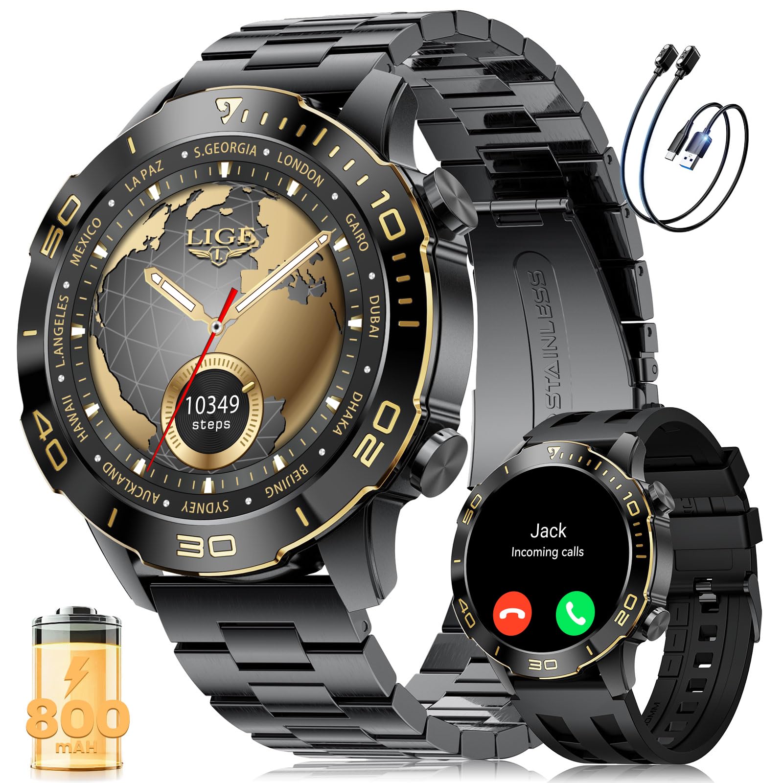 LIGE Reloj Inteligente Hombre, 1.43" AMOLED Smartwatch con 24/7 Frecuencia Cardíaca, SpO2, Duración del Sueño, A Prueba de Agua IP68, 170+ Deportes, 300+ Esfera, Caja Negra con Indicios Dorado